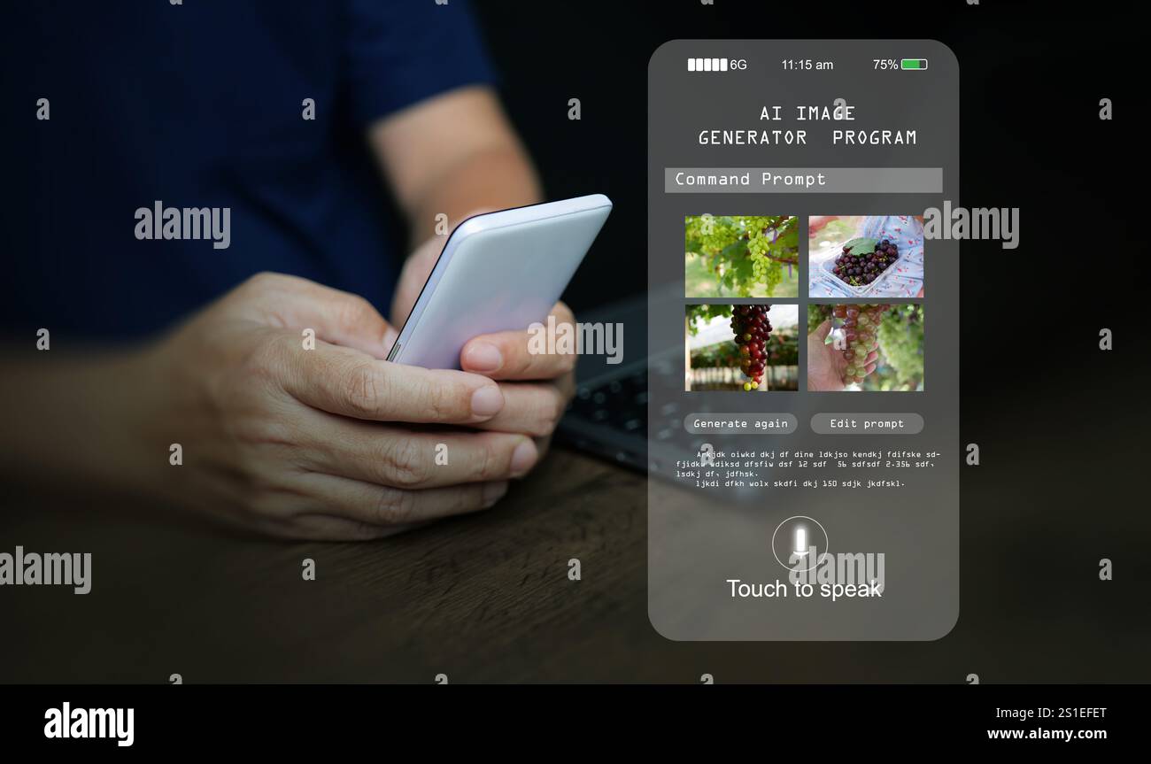 Generatore di immagini AI. Un uomo usa un programma, assistente di intelligenza artificiale, sul suo smartphone per generare fotografie dall'intelligenza artificiale. Foto Stock