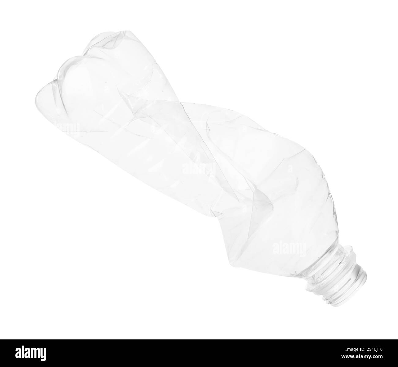 Un flacone di plastica deformato isolato su bianco Foto Stock