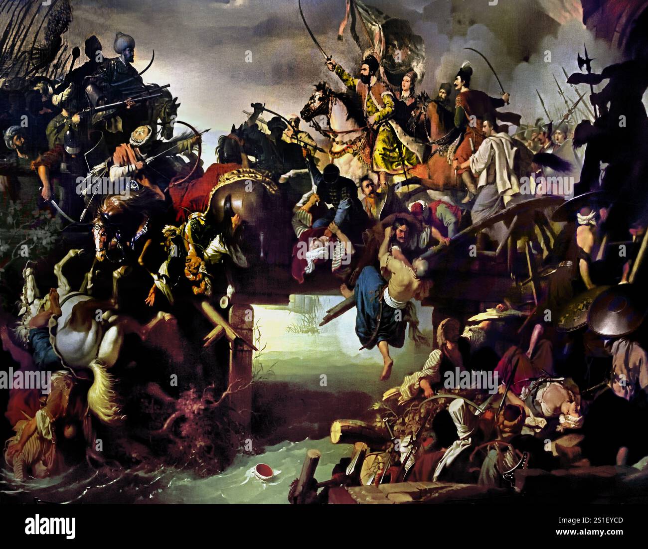 La carica di Zrínyi dalla fortezza di Szigetvár - la Sortie guidata da Miklos Zrinyi dal castello di Szigetvar 1826 di Johann Peter Krafft (1780–1856) Museo di Belle Arti, ungherese, Ungheria, ( l'assedio di Szigetvár o la battaglia di Szigetvár Zigetvar Kuşatması fu un assedio ottomano della fortezza di Szigetvár nel Regno d'Ungheria. ) Foto Stock