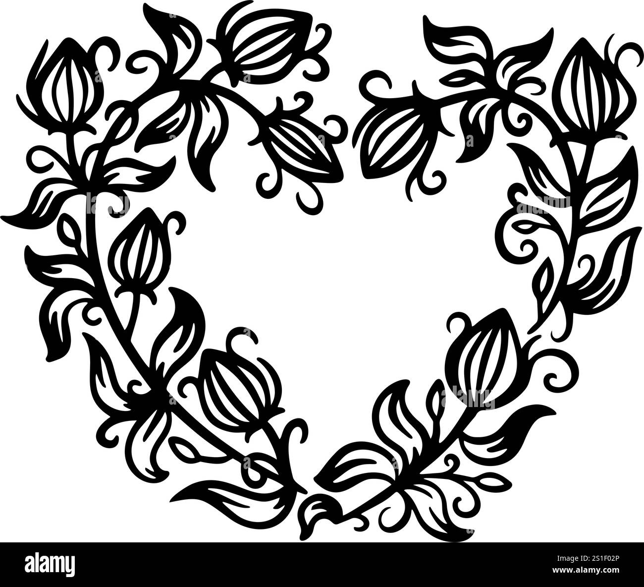 Elegante silhouette nera di un cuore di fiori, design vettoriale perfetto per progetti romantici o ispirati alla natura Illustrazione Vettoriale