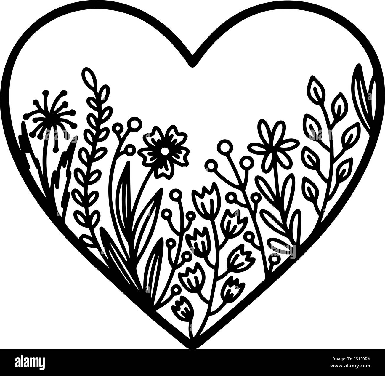 Cuore floreale stilizzato in nero lucido, una straordinaria immagine vettoriale per creazioni romantiche, artistiche o ispirate alla natura Illustrazione Vettoriale