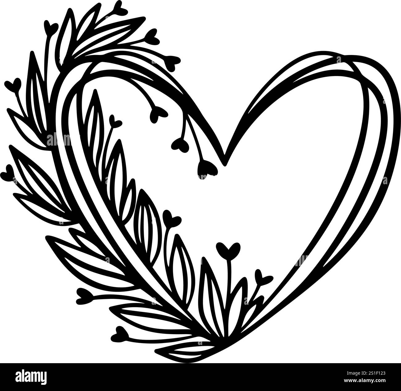 Silhouette a cuore floreale in nero, una versatile immagine vettoriale ideale per l'arredamento, gli inviti o l'uso digitale creativo Illustrazione Vettoriale