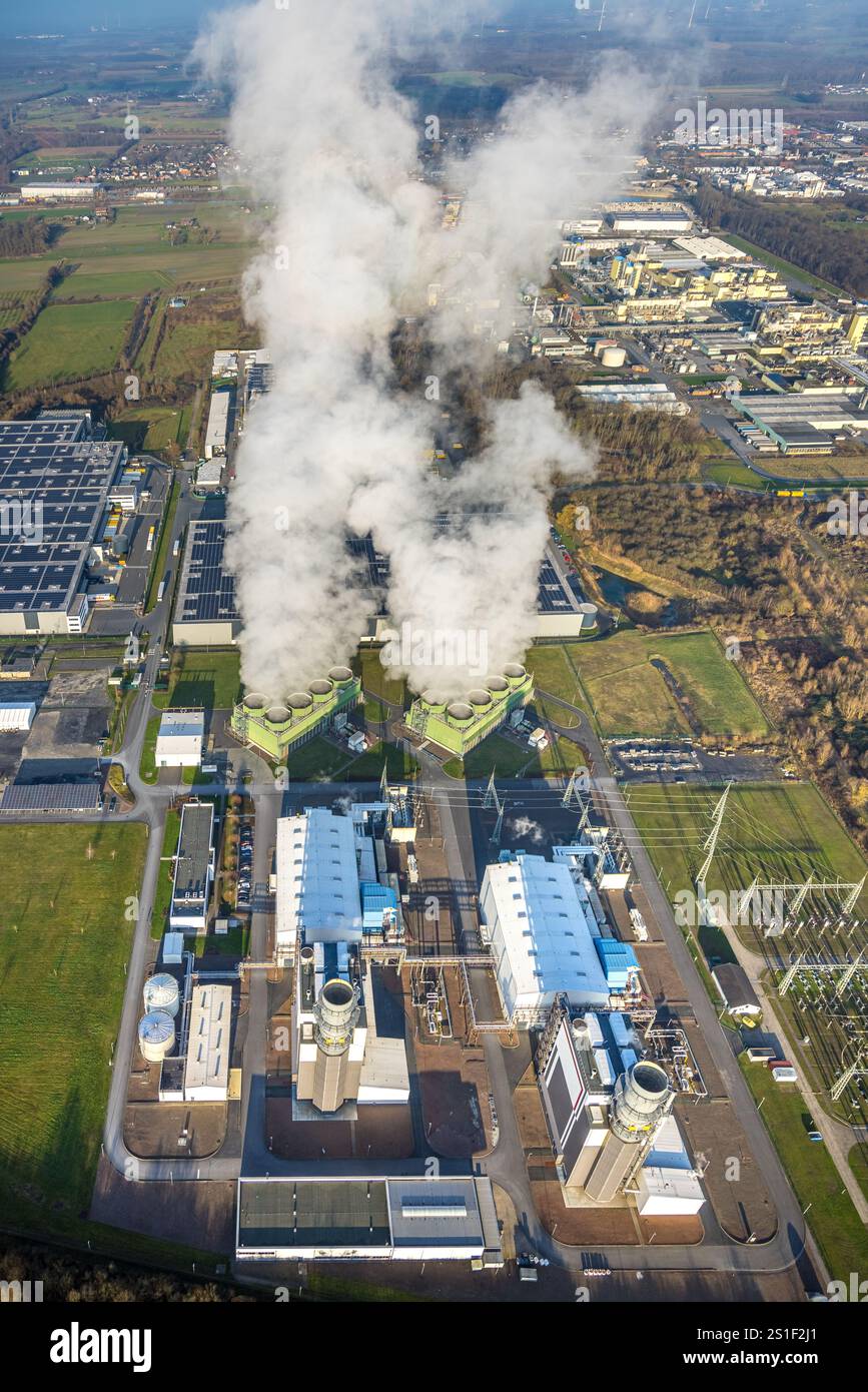 Vista aerea, Trianel Gaskraftwerk Hamm GmbH con nuvole di fumo, Uentrop, Hamm, regione della Ruhr, Renania settentrionale-Vestfalia, Germania Foto Stock