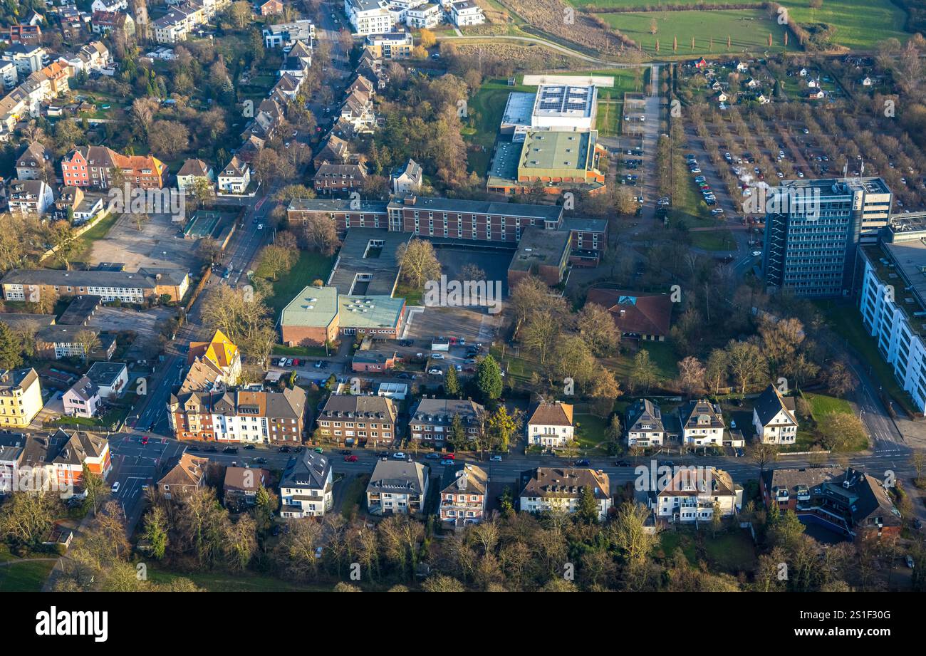 Vista aerea, scuola secondaria Friedensschule, Hesslerstraße Housing estate, Mitte, Hamm, regione della Ruhr, Renania settentrionale-Vestfalia, Germania Foto Stock