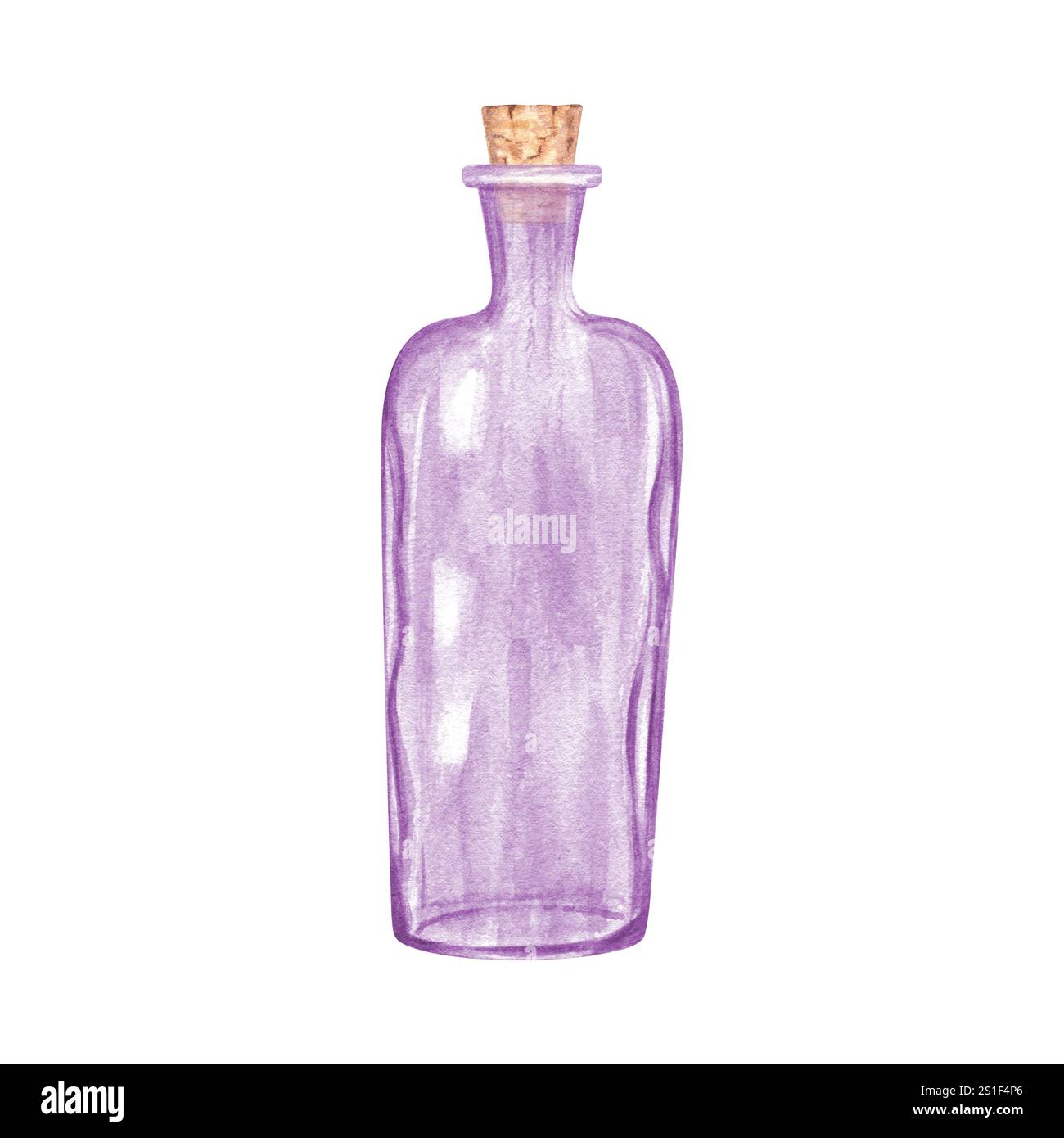 Flacone in vetro vuoto trasparente viola con illustrazione ad acquerello in sughero di legno. Vetreria vintage con tappo per profumo, olio, liquido, aromaterapia Foto Stock