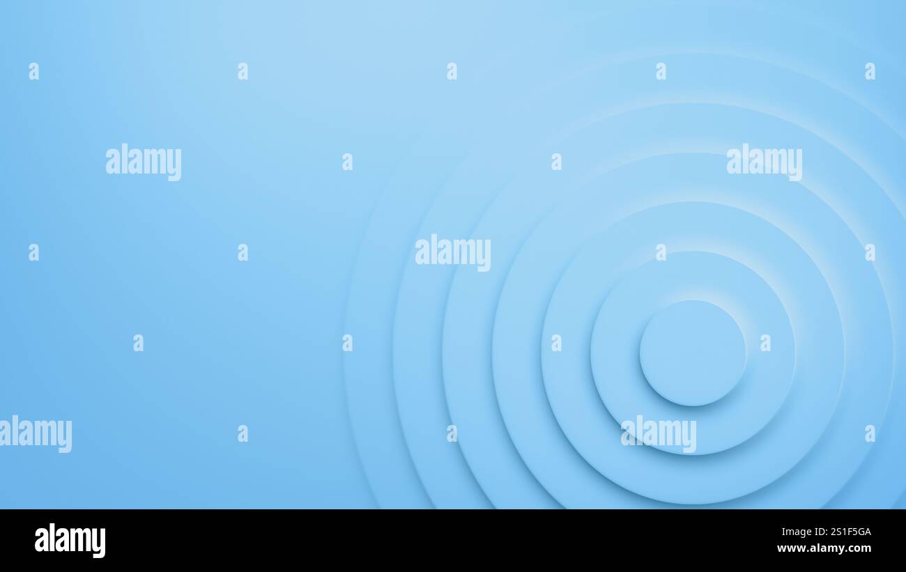 Cerchi azzurri a strati con effetto ombra e luce su sfondo azzurro con spazio di copia. Sfondo astratto con disegno a ripetizione circolare. Foto Stock