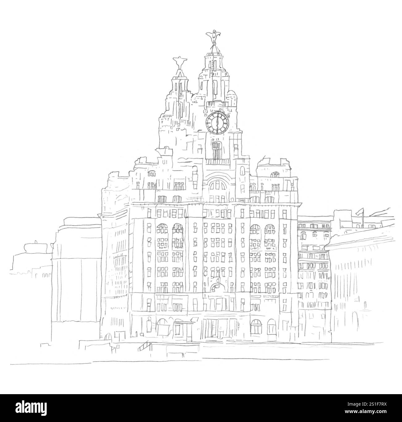 Disegno a matita architettonica del Royal Liver Building di Liverpool, Regno Unito. Foto Stock