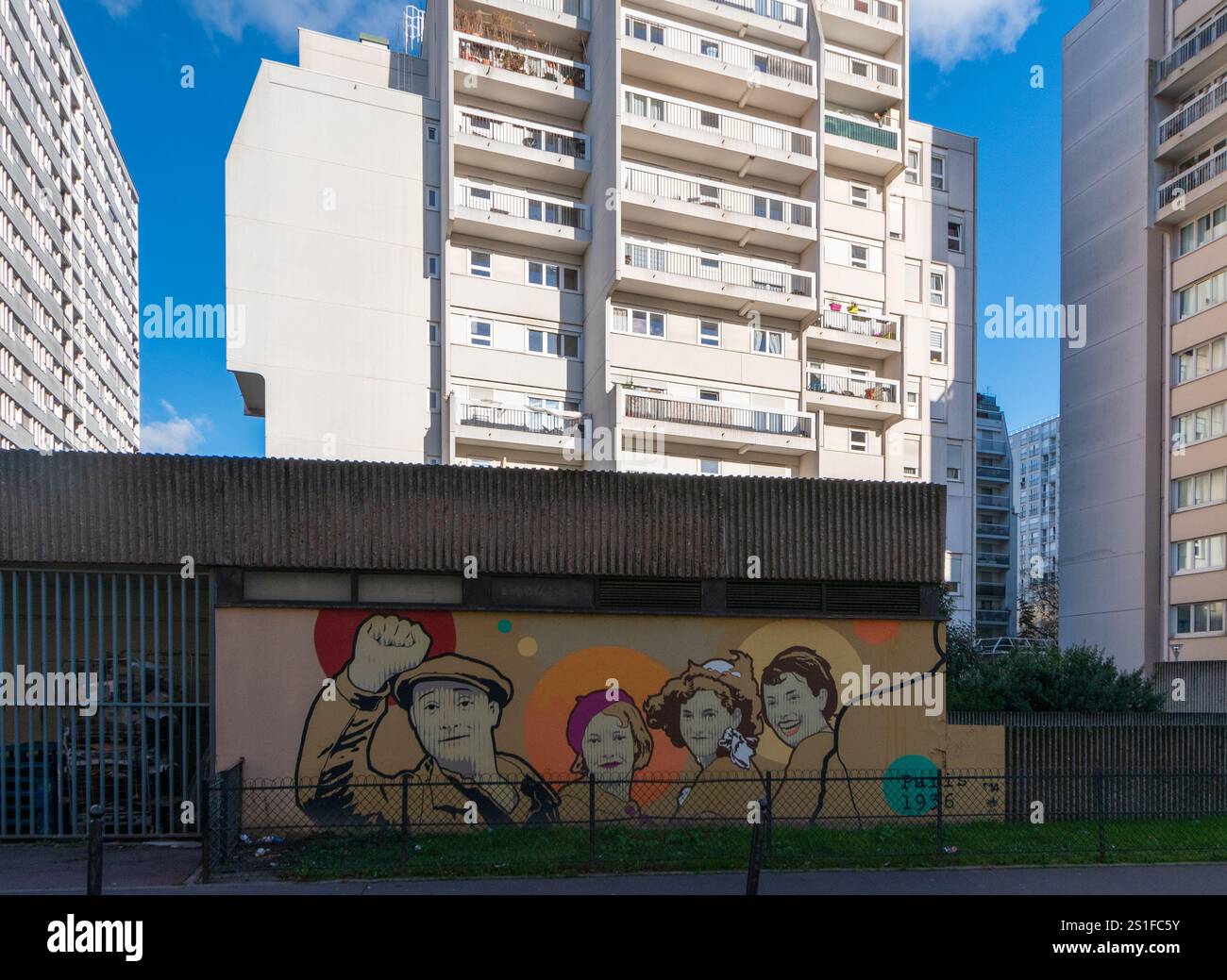 Street art Parigi 1936, fronte Popolare, XIV arrondissement, Parigi, Francia Foto Stock