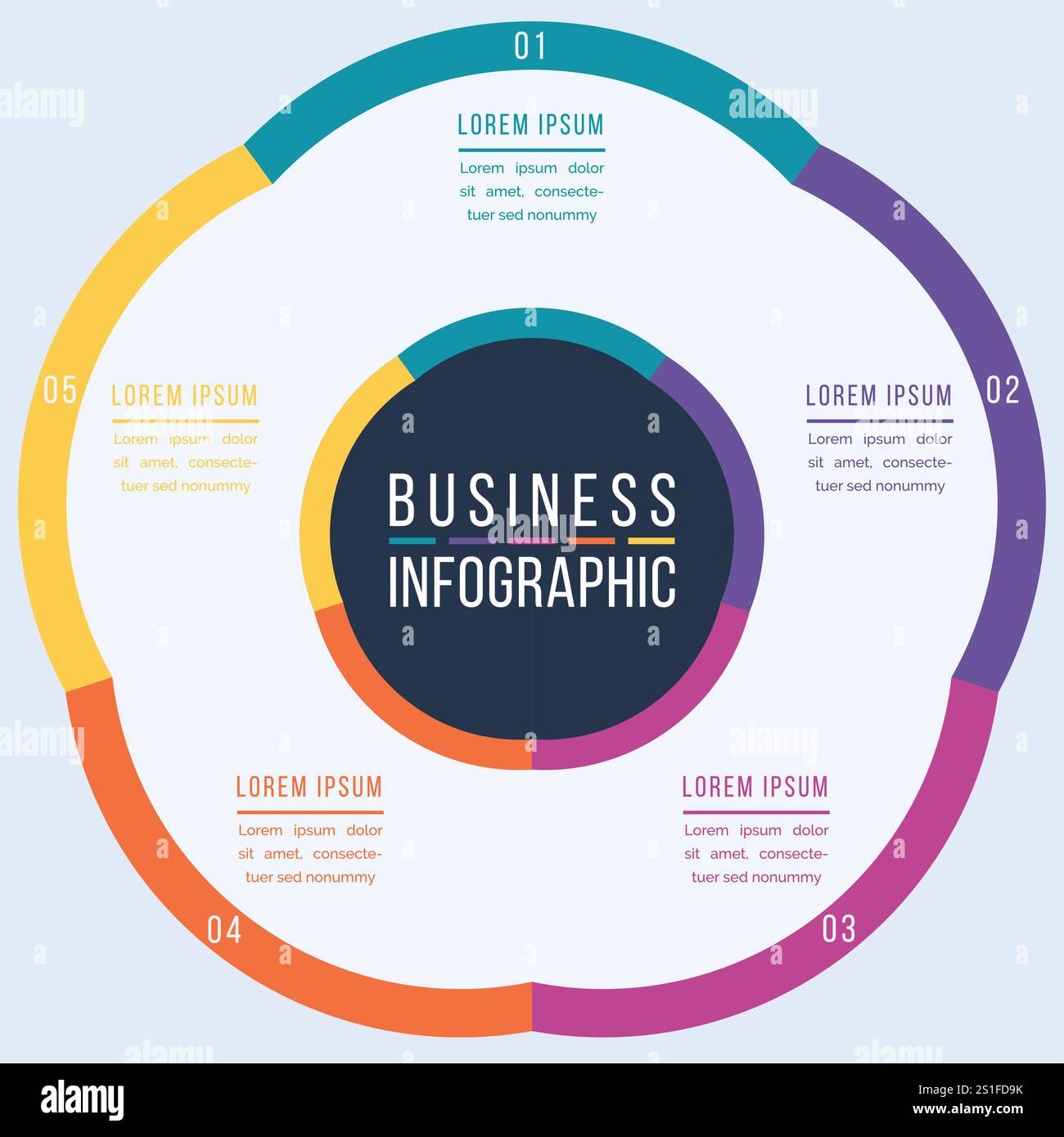 Infografica delle informazioni aziendali progettazione di 5 oggetti, passaggi, elementi o opzioni modello di cerchio infografico Illustrazione Vettoriale