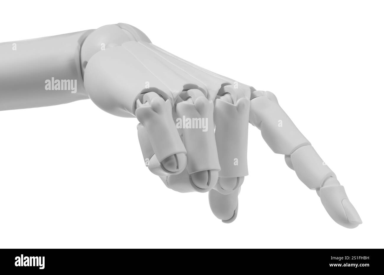 Intelligenza artificiale. Mano del robot che indica qualcosa su sfondo bianco Foto Stock