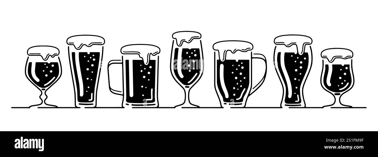 Birra con schiuma in bicchieri. Set di bevande alcoliche. Pub, illustrazione vettoriale concetto birreria Illustrazione Vettoriale