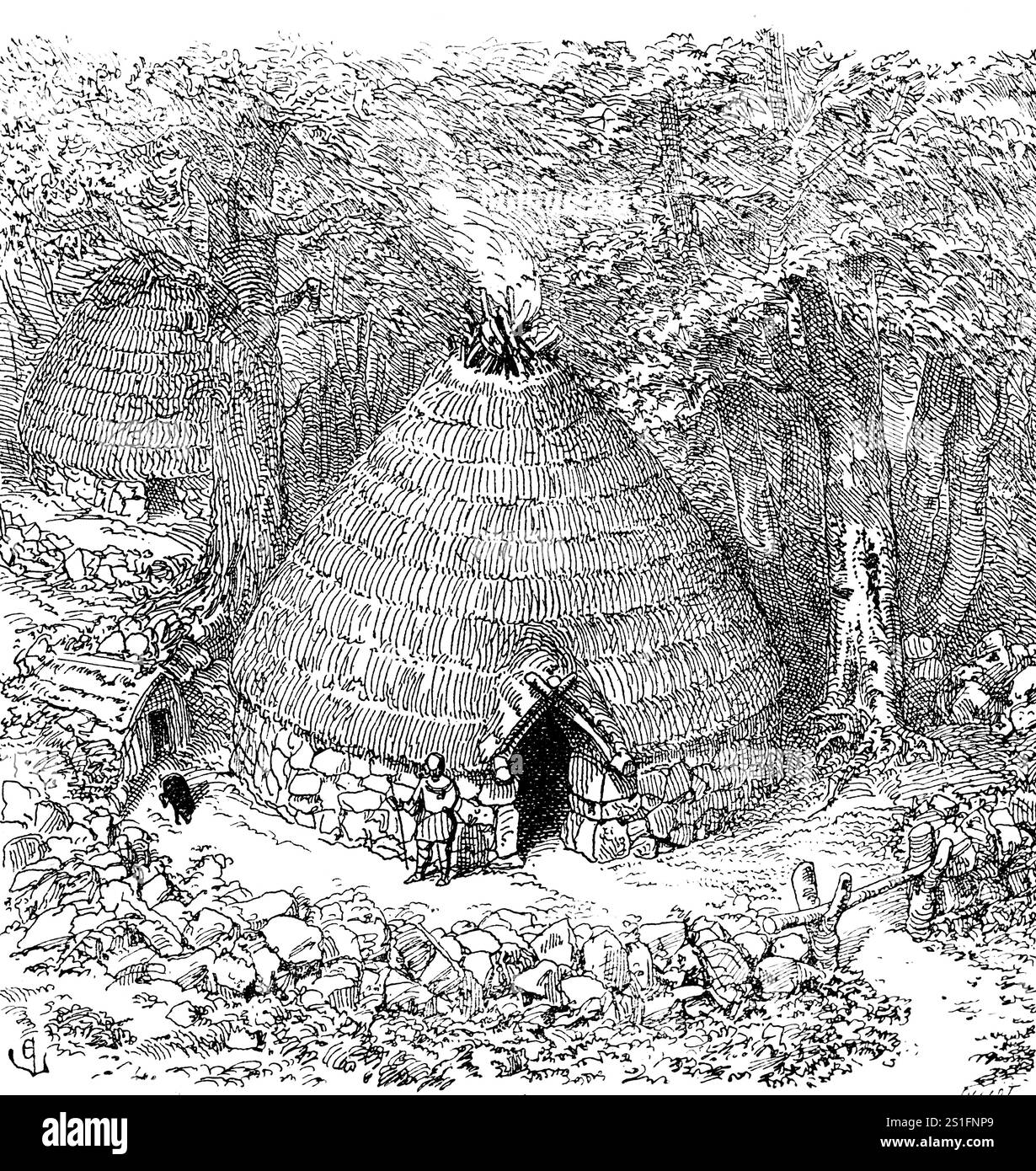 Capanna rotonda dei Pelasgi, un antico popolo dell'antica Grecia, VIII secolo a.C., muro di pietra, tetto di paglia o erba, muro di protezione contro ani selvatici Foto Stock