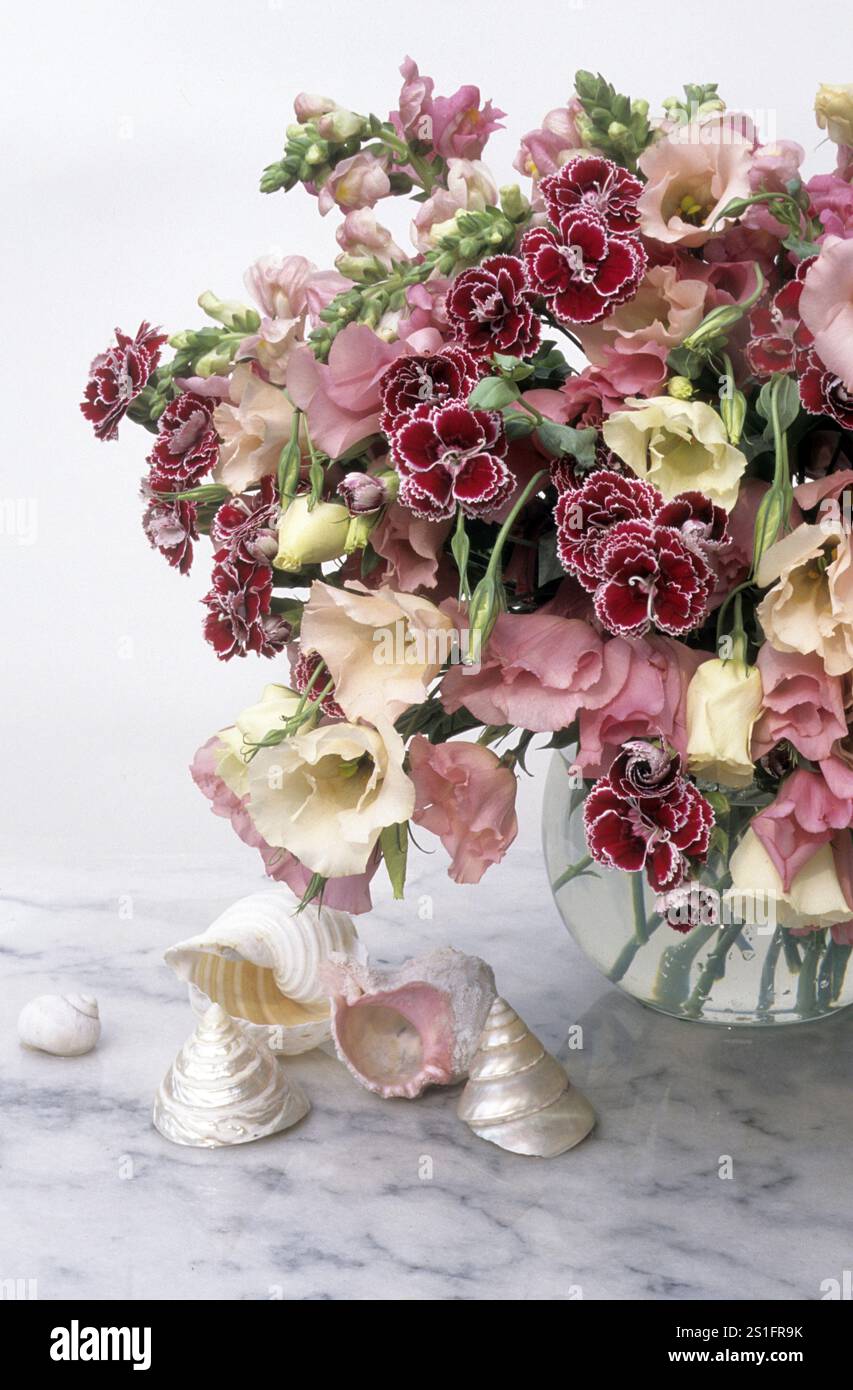 Bouquet con chiodi di garofano rosso vino (dianthus), fiori di seta rosa e bianca (lysanthus) in un vaso sferico di vetro su un tavolo di marmo bianco contro un colon chiaro Foto Stock