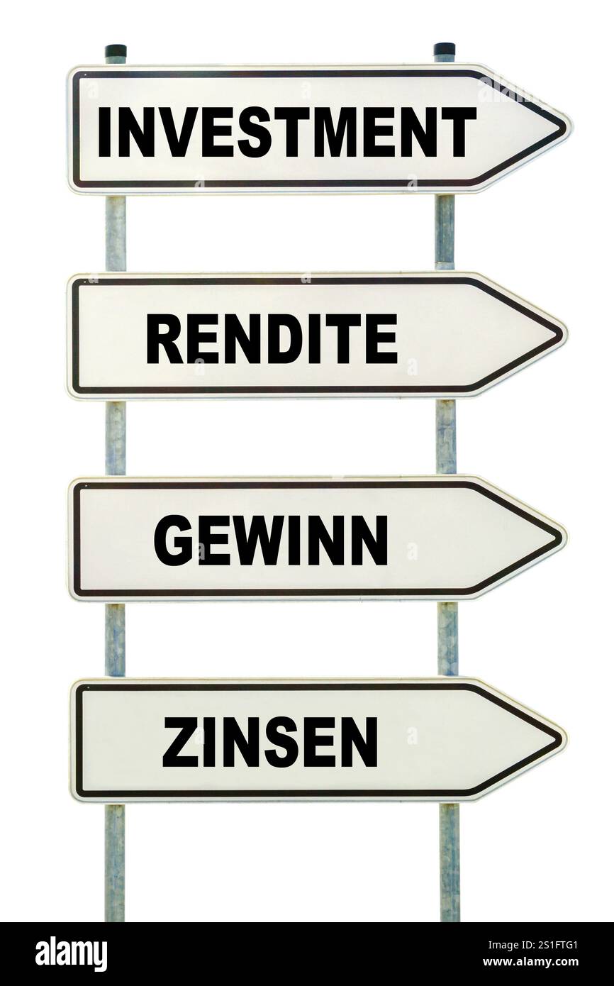 Quattro cartelli liberi denominati investimento, ritorno, profitto, interesse Foto Stock