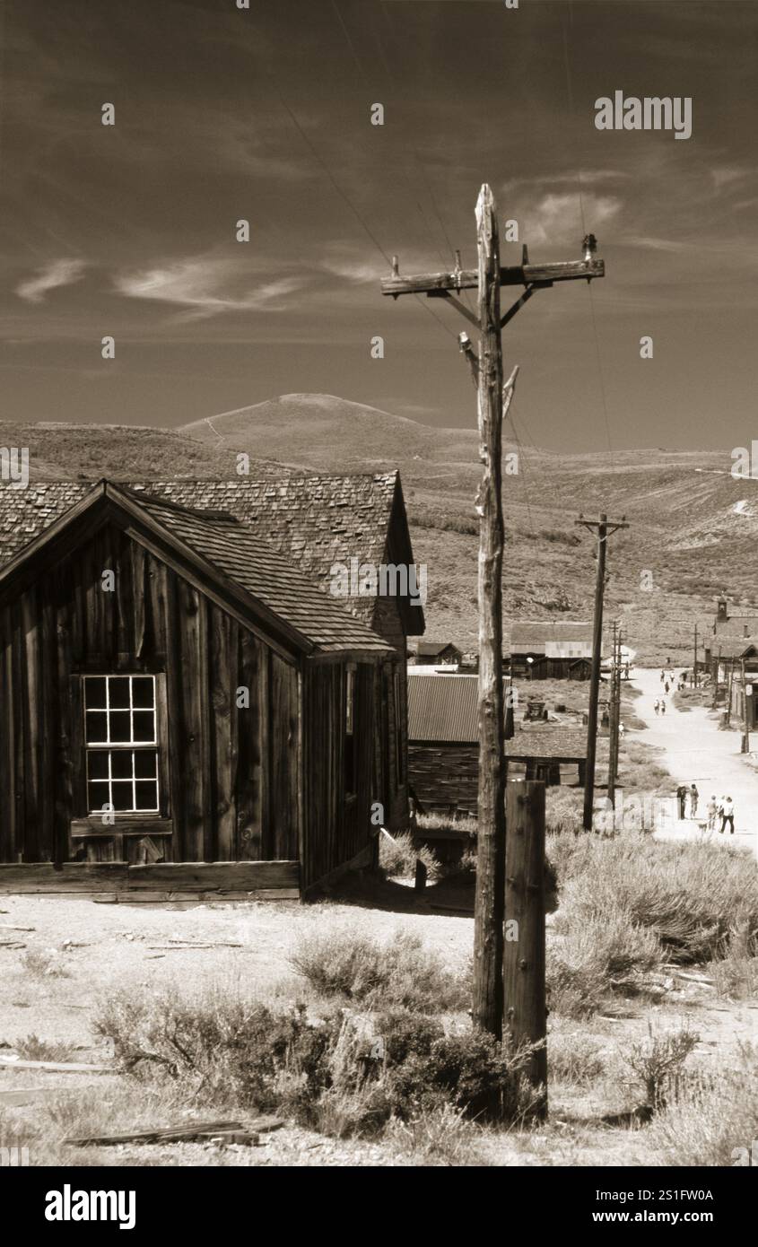 Casa di legno a Bodie, di fronte ad essa un tronco di albero grosso come albero leggero e una strada di ghiaia polverosa come la strada principale foto in tonalità seppia. In legno Foto Stock