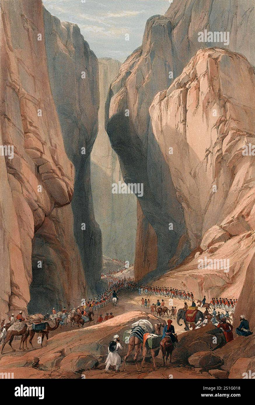 L'Armata dell'Indo che costringe il passo Bolan, 1839. L'esercito dell'Indo entrò in Afghanistan attraverso il passo Bolan, un passaggio lungo 60 miglia e alto 5.880 piedi nel suo punto più alto. L'esercito ci ha messo due settimane per attraversarlo. Durante questo periodo furono attaccati dalle tribù Baluchi che si nascondevano nelle grotte che sovrastavano il passo. L'invasione britannica dell'Aghanistan per installare un leader fantoccio fu uno dei peggiori disastri militari della storia. Dopo che Shah Shujah fu installato a Kabul, l'esercito si ritirò in India. La colonna forte di 20.000 uomini fu spazzata via con l'eccezione di un sol britannico Foto Stock