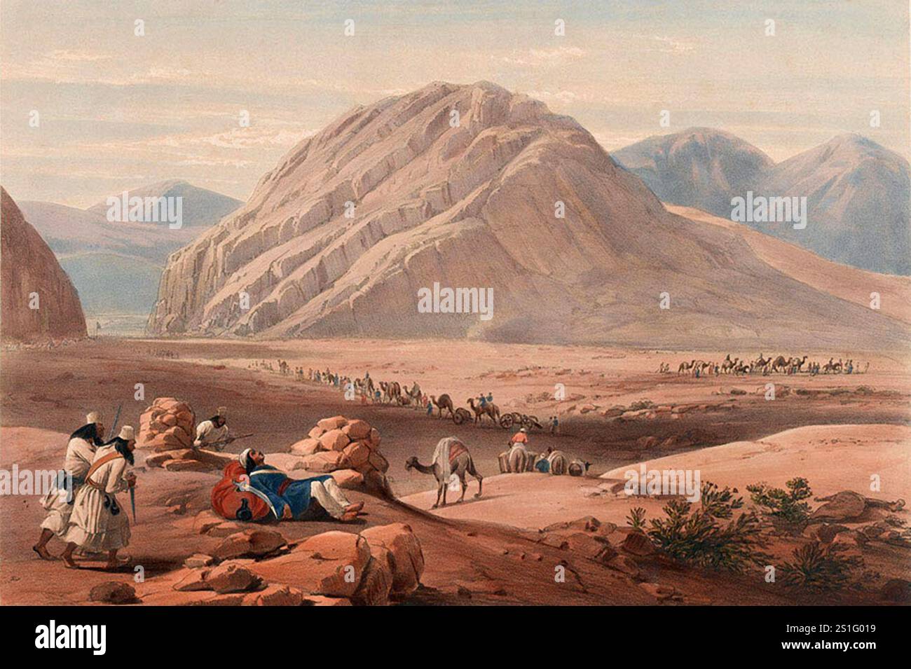 Vista del monte Baba-Naunee', 1839. Questo dipinto mostra il duro e difficile paesaggio dell'Afghanistan. L'artista ha anche raffigurato un fatto duro della loro vita quotidiana, con tre tribù baluchi che si intrufolano su una persona spianata. L'Armata dell'Indo fu molestata quotidianamente da questi soldati locali durante la loro avanzata nel paese e quasi interamente spazzata via dalla ritirata. Foto Stock