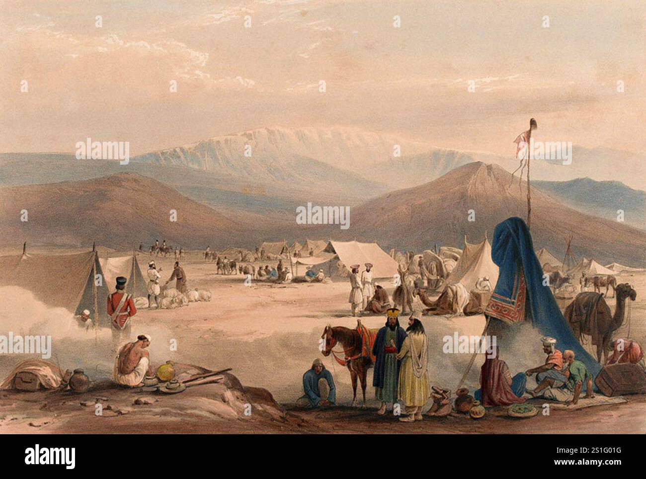 The Encampment at Dadur, with the Entrance to the Bolan Pass', 1839. L'esercito dell'Indo entrò in Afghanistan attraverso il passo Bolan, un passaggio lungo 60 miglia e alto 5.880 piedi nel suo punto più alto. L'esercito ci ha messo due settimane per attraversarlo. Durante questo periodo furono attaccati dalle tribù Baluchi che si nascondevano nelle grotte che sovrastavano il passo. L'invasione britannica dell'Aghanistan per insediare Shujah come leader fantoccio fu uno dei peggiori disastri militari della storia. Dopo che Shah Shujah fu installato a Kabul, l'esercito si ritirò in India. La colonna forte di 20.000 uomini fu spazzata via con l'ex Foto Stock
