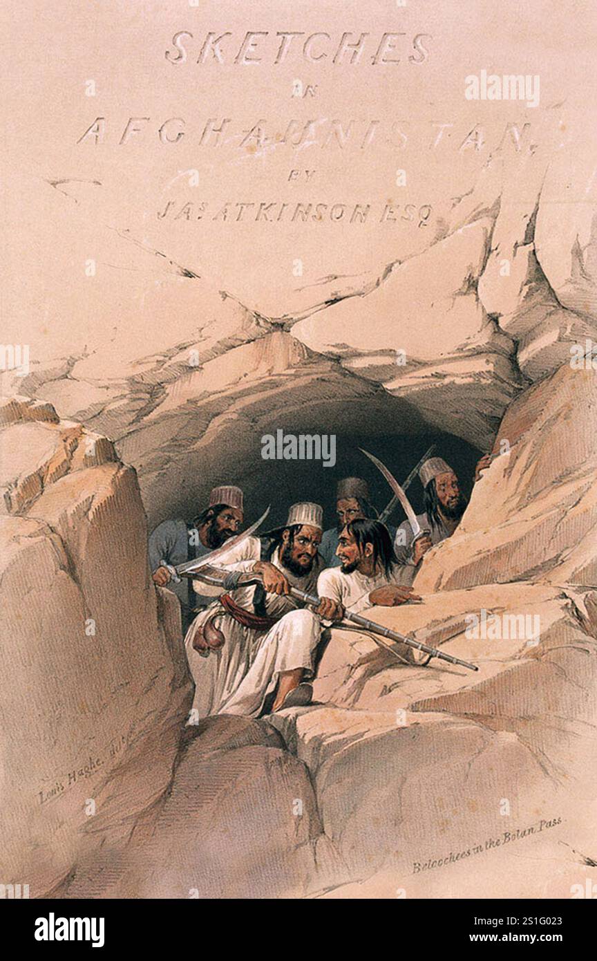 Frontespiece from 'Sketches in Afghanistan', 1838-1842, di Louis e Charles Haghe after James Atkinson, pubblicato da Henry Graves and Company e J W Allen and Company, 1 luglio 1842. Questa immagine mostra i soldati Baluchi in una grotta - è stata la facilità di questi soldati in questo terreno inospitale a renderli un nemico così formidabile. L'invasione britannica dell'Aghanistan per insediare Shujah come leader fantoccio fu uno dei peggiori disastri militari della storia. Dopo che Shah Shujah fu installato a Kabul, l'esercito si ritirò in India. La colonna forte di 20.000 uomini fu spazzata via con l'eccezione di una sola soldie Britsh Foto Stock