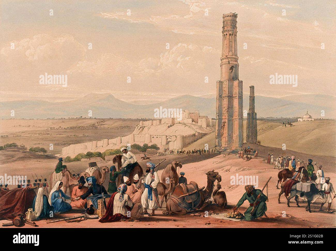 La Cittadella e la Fortezza di Ghuznee con i minareti. Ghuzni fu attaccata e presa dagli inglesi sulla strada per Kabul. L'invasione britannica dell'Aghanistan per insediare Shujah come leader fantoccio fu uno dei peggiori disastri militari della storia. Dopo che Shah Shujah fu installato a Kabul, l'esercito si ritirò in India. La colonna di 20.000 uomini fu spazzata via con l'eccezione di un soldato britannico e 5-6 indiani. Foto Stock