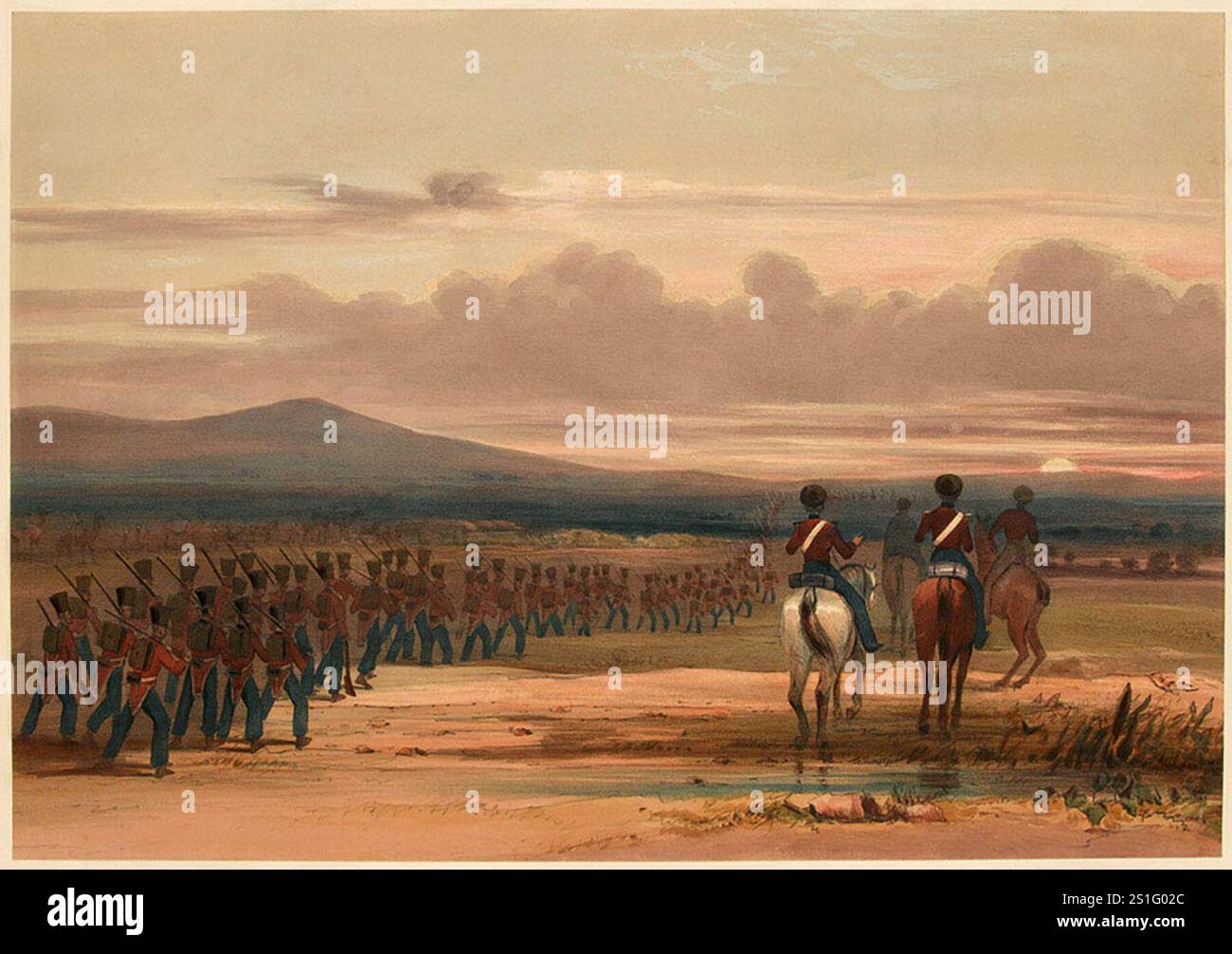 "La marcia attraverso il deserto paludoso". Una scena dell'Armata dell'Indo che marciava attraverso le pianure dell'Afghanistan dopo l'attraversamento delle montagne. L'invasione britannica dell'Aghanistan per installare un leader fantoccio fu uno dei peggiori disastri militari della storia. Dopo che Shah Shujah fu installato a Kabul, l'esercito si ritirò in India. La colonna di 20.000 uomini fu spazzata via con l'eccezione di un soldato britannico e 5-6 indiani. Foto Stock