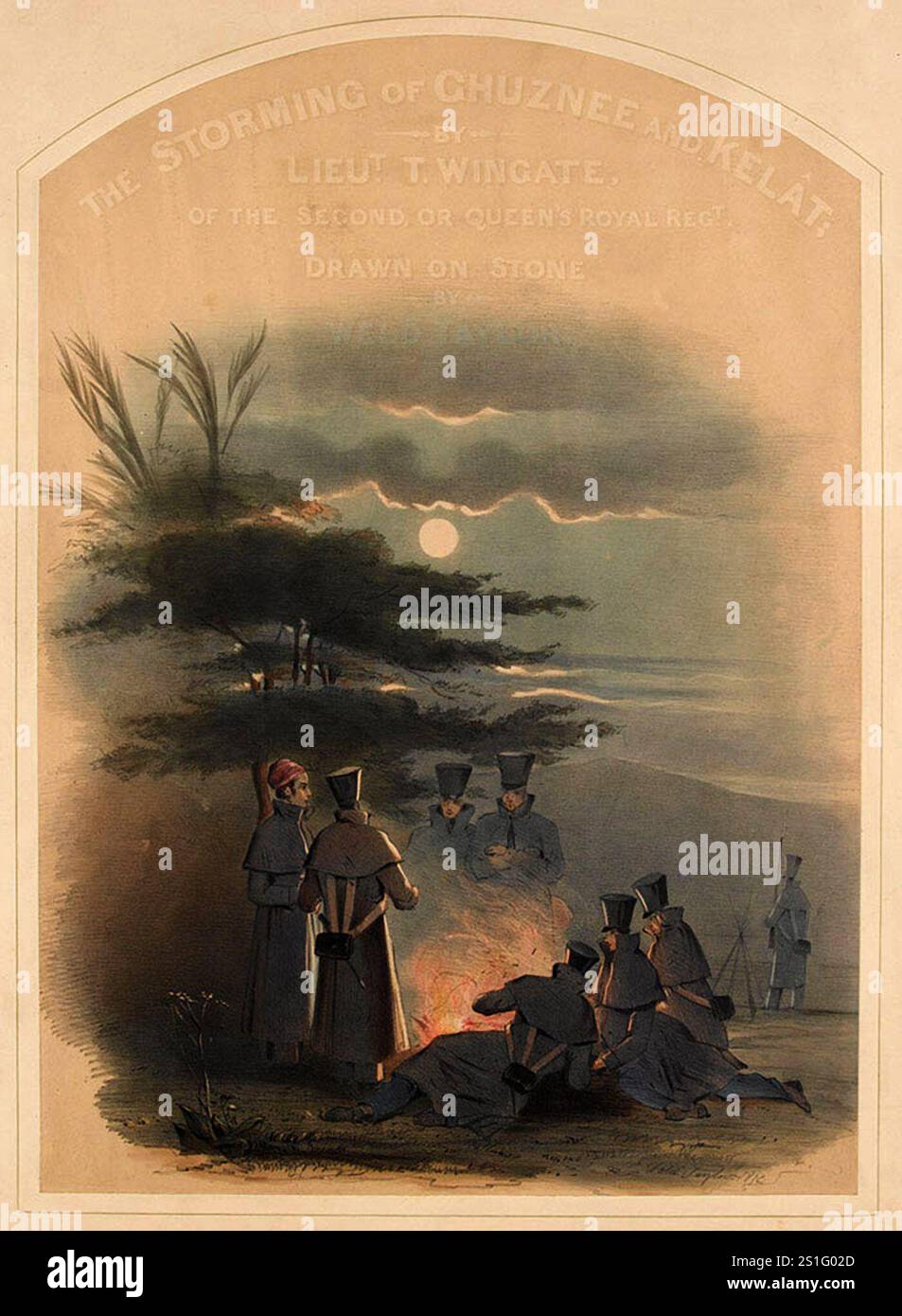 The Outlying Piquet', 1839, il frontespizio per una collezione di dipinti raffiguranti gli attacchi a Ghuzni e Kelat. L'invasione britannica dell'Aghanistan per installare un leader fantoccio fu uno dei peggiori disastri militari della storia. Dopo che Shah Shujah fu installato a Kabul, l'esercito si ritirò in India. La colonna di 20.000 uomini fu spazzata via con l'eccezione di un soldato britannico e 5-6 indiani. Foto Stock