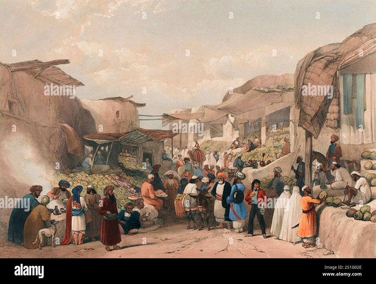 The Main Street in the Bazaar at Kabul in the Fruit Season", 1839. L'occupazione Brirish di Kabul fu relativamente pacifica all'inizio e gli artisti ebbero il tempo di dipingere scene locali come il mercato della frutta. Foto Stock