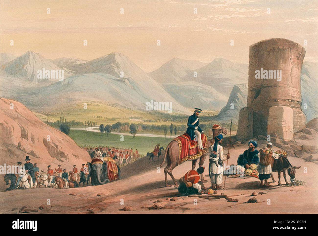 "La Valle di Maidan", 1839. La torre rotonda, o Burj, raffigurata nella foto, serviva come una casa di guardia attraverso la valle Maidan, che era situata vicino Kabul. L'invasione britannica dell'Aghanistan per installare un leader fantoccio fu uno dei peggiori disastri militari della storia. Dopo che Shah Shujah fu installato a Kabul, l'esercito si ritirò in India. La colonna di 20.000 uomini fu spazzata via con l'eccezione di un soldato britannico e 5-6 indiani. Foto Stock
