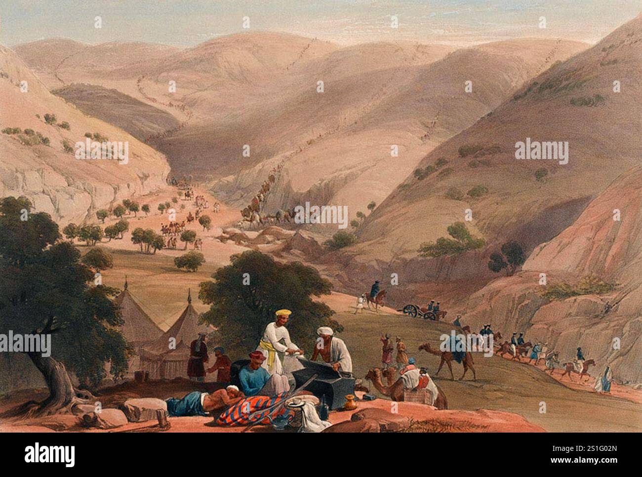 La terza discesa dal passo Khojak, un altro passo di montagna che l'esercito doveva attraversare tra Quetta e Kandahar era il passo Khojak. È più alto del passo Bolan ma molto meno lungo (5 miglia rispetto ai 60 miglia di Bolan). L'esercito impiegò tre giorni per scendere dal passo verso le pianure. L'invasione britannica dell'Aghanistan per installare un leader fantoccio fu uno dei peggiori disastri militari della storia. Dopo che Shah Shujah fu installato a Kabul, l'esercito si ritirò in India. La colonna di 20.000 uomini fu spazzata via con l'eccezione di un soldato britannico e 5-6 indiani. Foto Stock