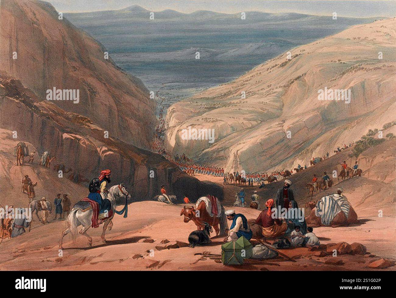 La seconda discesa dal passo Khojak. Un altro passo di montagna che l'esercito doveva attraversare tra Quetta e Kandahar era il passo di Khojak. È più alto del passo Bolan ma molto meno lungo (5 miglia rispetto ai 60 miglia di Bolan). L'esercito impiegò tre giorni per scendere dal passo verso le pianure. L'invasione britannica dell'Aghanistan per installare un leader fantoccio fu uno dei peggiori disastri militari della storia. Dopo che Shah Shujah fu installato a Kabul, l'esercito si ritirò in India. La colonna di 20.000 uomini fu spazzata via con l'eccezione di un soldato britannico e 5-6 indiani. Foto Stock