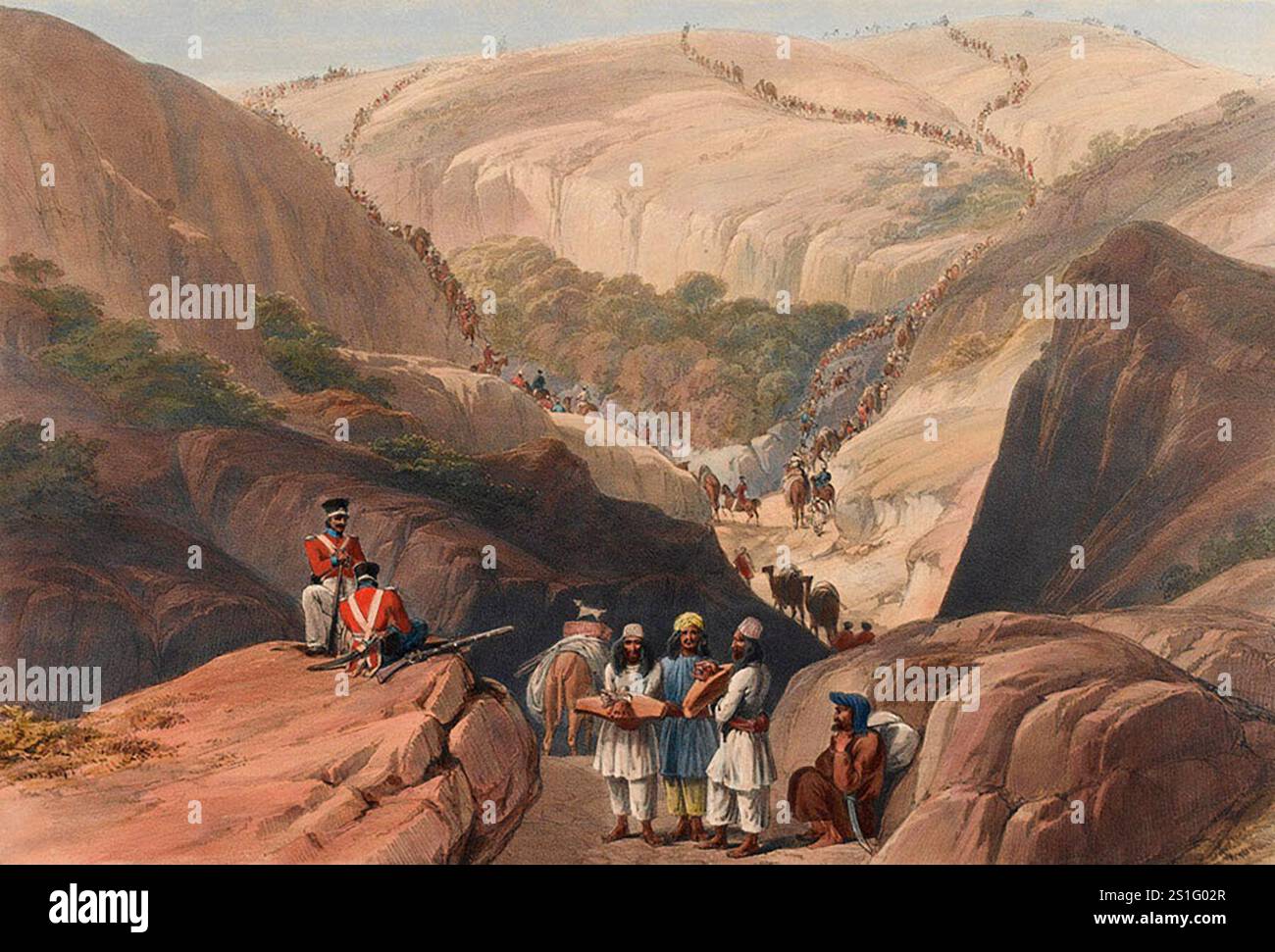 La prima discesa dal passo Khojak. Un altro passo di montagna che l'esercito doveva attraversare tra Quetta e Kandahar era il passo di Khojak. È più alto del passo Bolan ma molto meno lungo (5 miglia rispetto ai 60 miglia di Bolan). L'esercito impiegò tre giorni per scendere dal passo verso le pianure. L'invasione britannica dell'Aghanistan per installare un leader fantoccio fu uno dei peggiori disastri militari della storia. Dopo che Shah Shujah fu installato a Kabul, l'esercito si ritirò in India. La colonna di 20.000 uomini fu spazzata via con l'eccezione di un soldato britannico e 5-6 indiani. Foto Stock