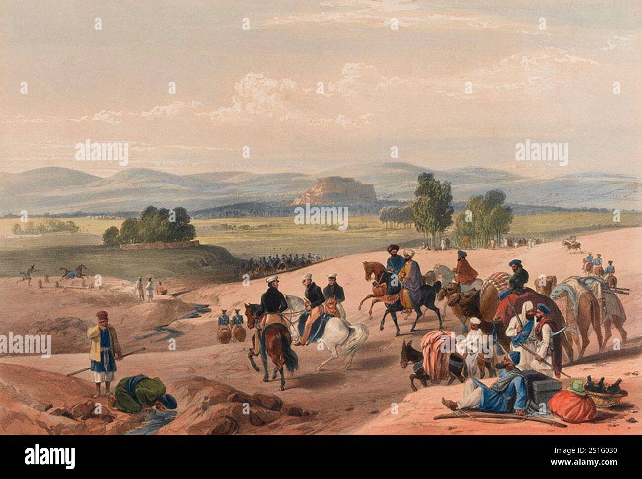 L'avvicinamento alla fortezza di Kwettah, 1839 dopo aver combattuto attraverso il passo Bolan nella loro spedizione in Afghanistan, l'Armata dell'Indo di Sir John Keane raggiunse le pianure vicino alla città di Quetta in Baluchistan. L'invasione britannica dell'Aghanistan per installare un leader fantoccio fu uno dei peggiori disastri militari della storia. Dopo che Shah Shujah fu installato a Kabul, l'esercito si ritirò in India. La colonna di 20.000 uomini fu spazzata via con l'eccezione di un soldato britannico e 5-6 indiani. Foto Stock