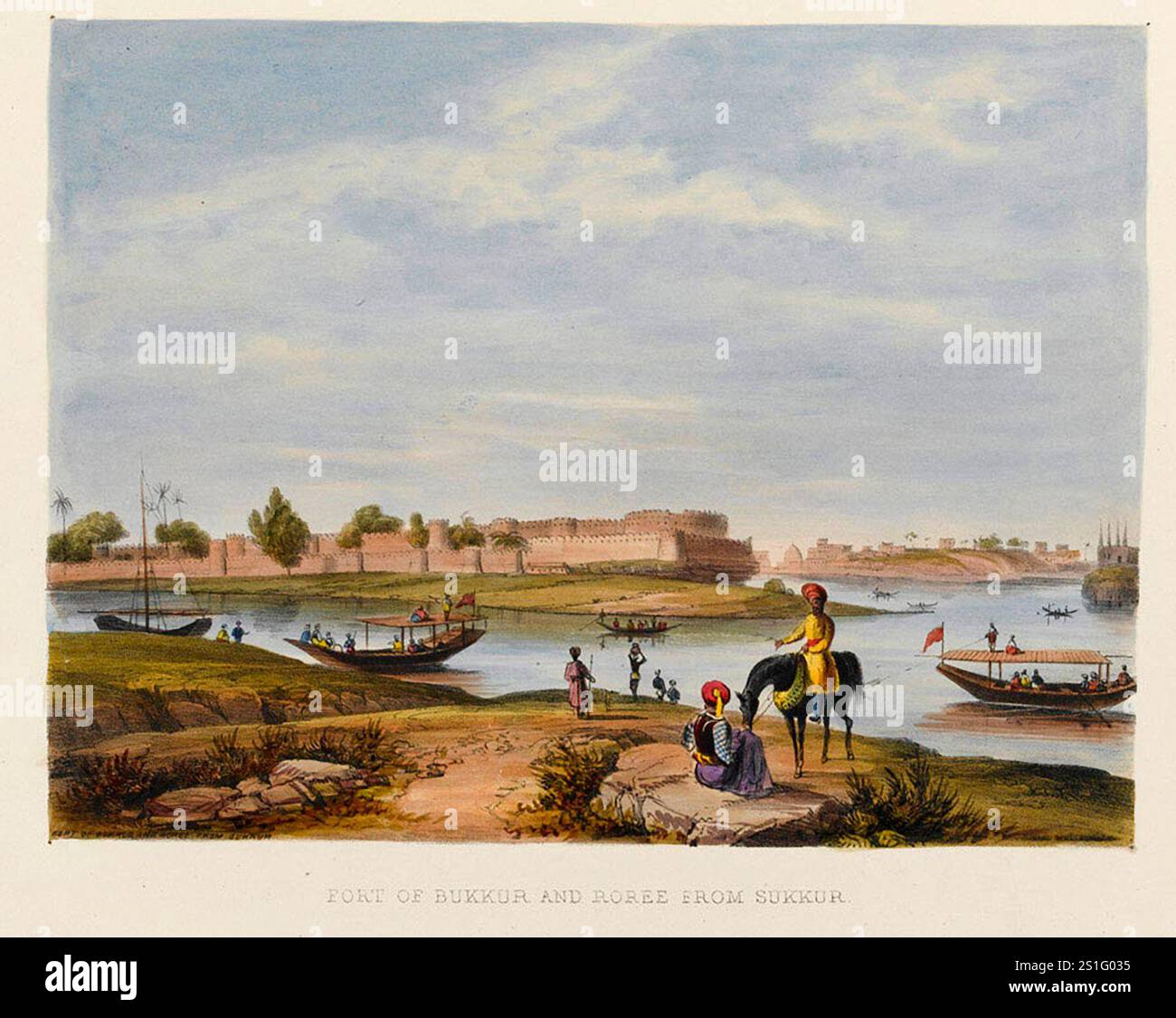 La fortezza di Bukkur si trovava su un'isola strategicamente importante nel fiume Indo, tra Rohri e Sukkur. Durante la prima guerra afghana (1839-1842) fu utilizzato come deposito per l'Armata dell'Indo di Sir John Keane Foto Stock