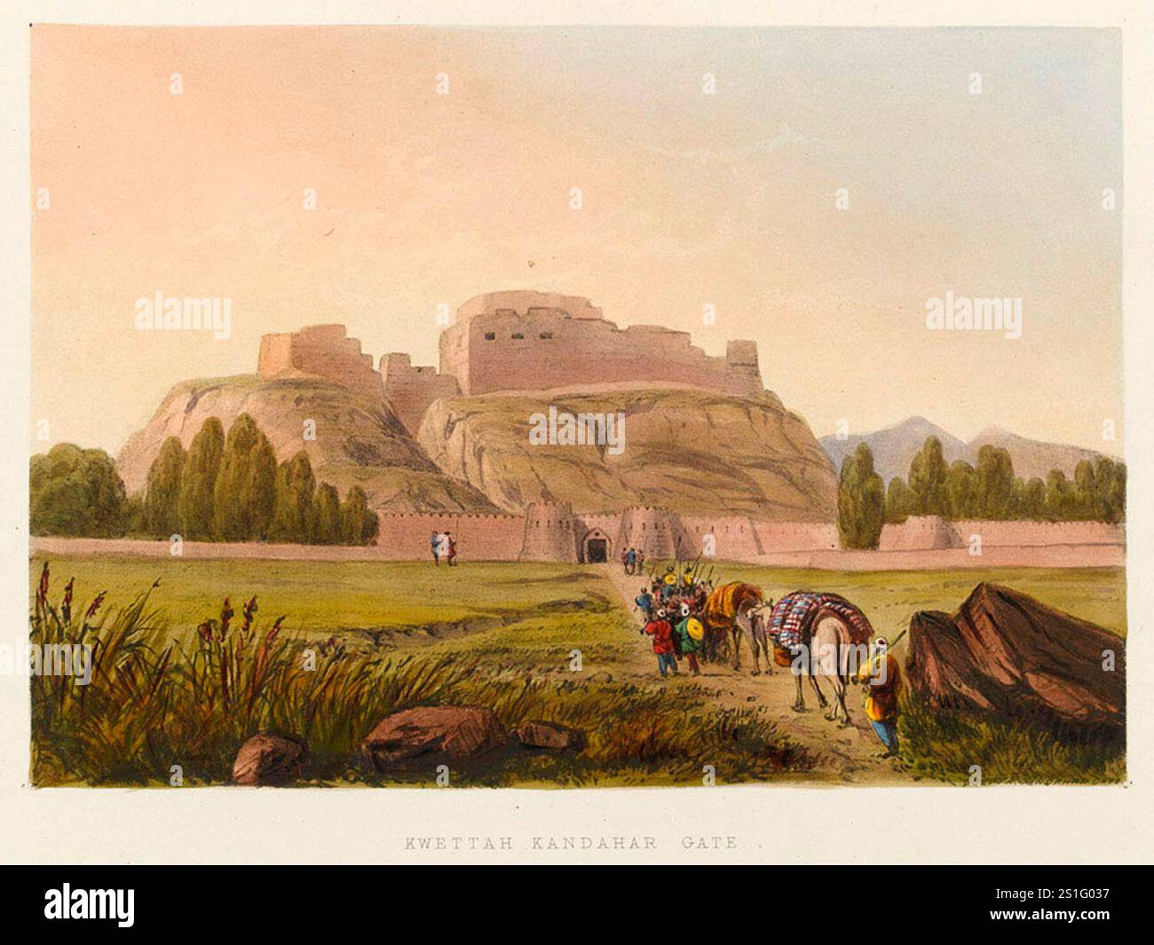 Dopo aver combattuto attraverso il passo Bolan nella loro spedizione in Afghanistan, l'Armata dell'Indo di Sir John Keane raggiunse le pianure vicino alla città e al forte di Quetta nel Belucistan. L'invasione britannica dell'Aghanistan per installare un leader fantoccio fu uno dei peggiori disastri militari della storia. Dopo che Shah Shujah fu installato a Kabul, l'esercito si ritirò in India. La colonna di 20.000 uomini fu spazzata via con l'eccezione di un soldato britannico e 5-6 indiani. Foto Stock