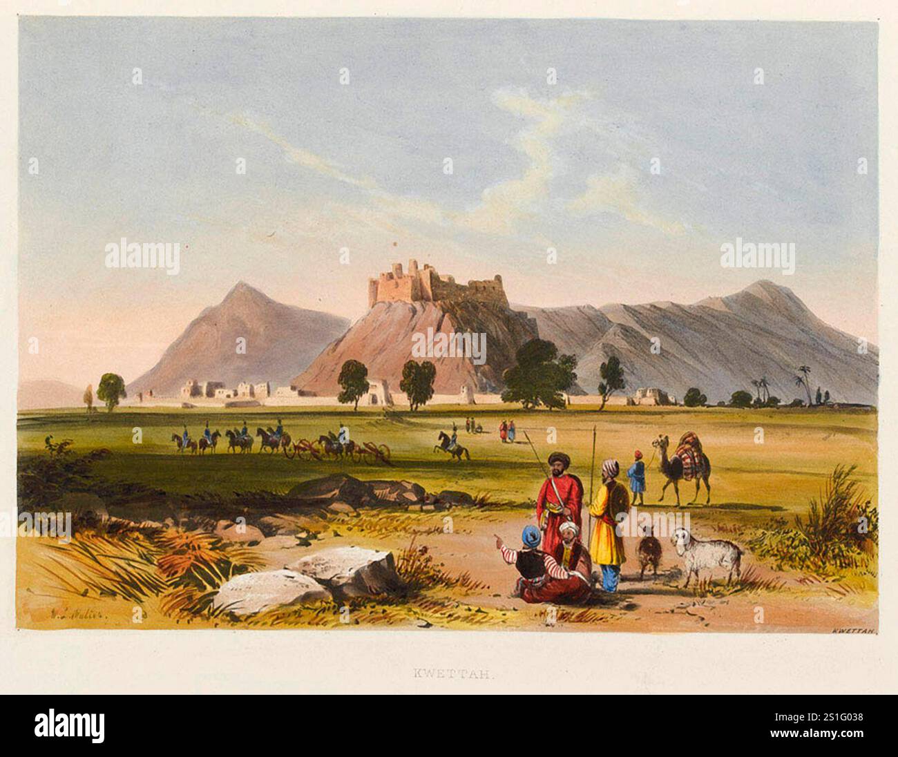 Dopo aver combattuto attraverso il passo Bolan nella loro spedizione in Afghanistan, l'Armata dell'Indo di Sir John Keane raggiunse le pianure vicino alla città e al forte di Quetta nel Belucistan. L'invasione britannica dell'Aghanistan per installare un leader fantoccio fu uno dei peggiori disastri militari della storia. Dopo che Shah Shujah fu installato a Kabul, l'esercito si ritirò in India. La colonna di 20.000 uomini fu spazzata via con l'eccezione di un soldato britannico e 5-6 indiani. Foto Stock