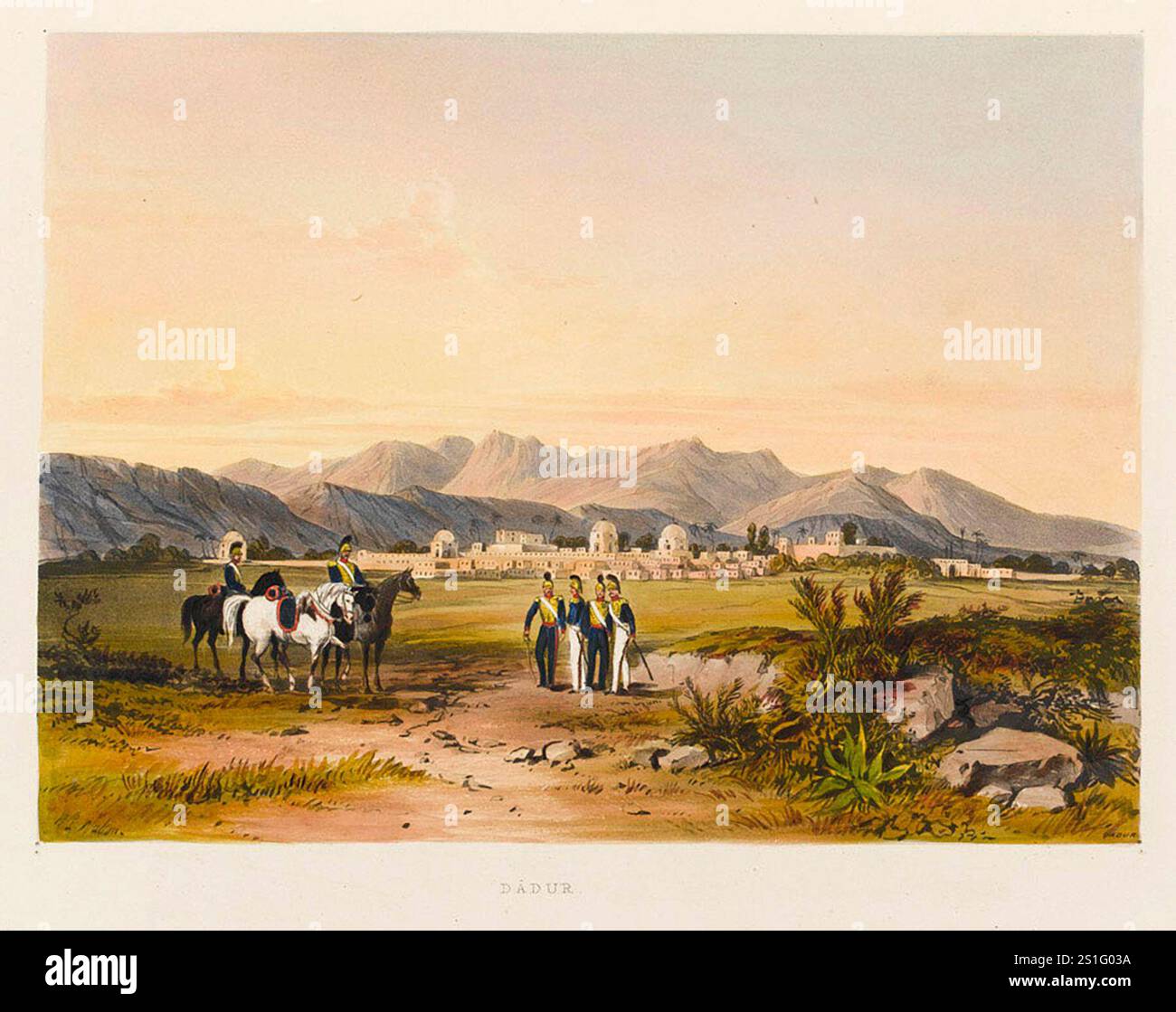 I membri dell'artiglieria a cavallo del Bengala si fermano durante la marcia dell'Armata dell'Indo verso il passo Bolan in Baluchistan. Dadhar era una città alla foce del defile lungo 60 miglia. L'esercito dell'Indo entrò in Afghanistan attraverso il passo Bolan, un passaggio lungo 60 miglia e alto 5.880 piedi nel suo punto più alto. L'esercito ci ha messo due settimane per attraversarlo. Durante questo periodo furono attaccati dalle tribù Baluchi che si nascondevano nelle grotte che sovrastavano il passo. L'invasione britannica dell'Aghanistan per installare un leader fantoccio fu uno dei peggiori disastri militari della storia. Dopo che Shah Shujah e' entrato Foto Stock