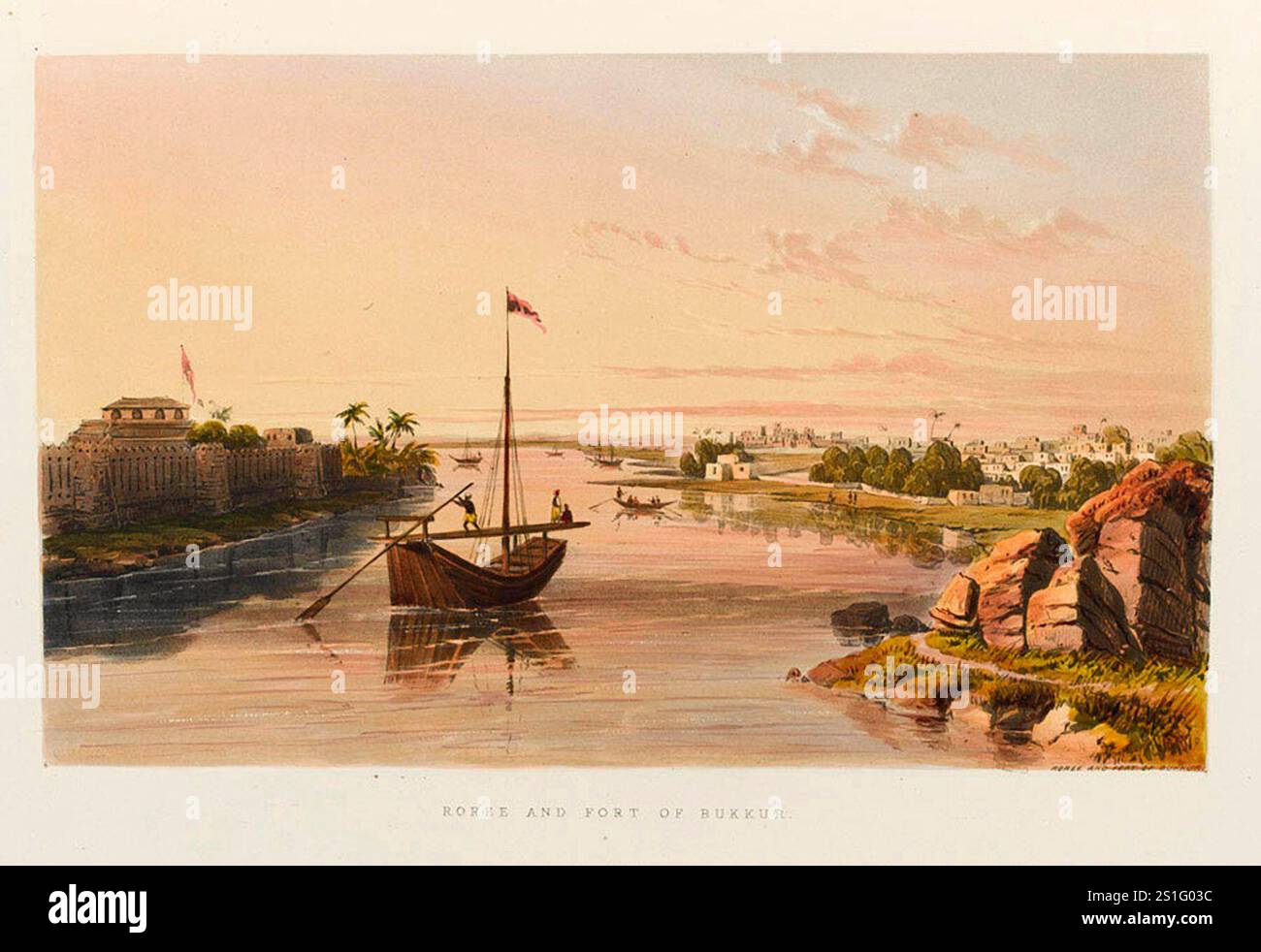 La fortezza di Bukkur si trovava su un'isola strategicamente importante nel fiume Indo, tra Rohri e Sukkur. Durante la prima guerra afghana (1839-1842) fu utilizzato come deposito per l'Armata dell'Indo Walton di Sir John Keane Foto Stock