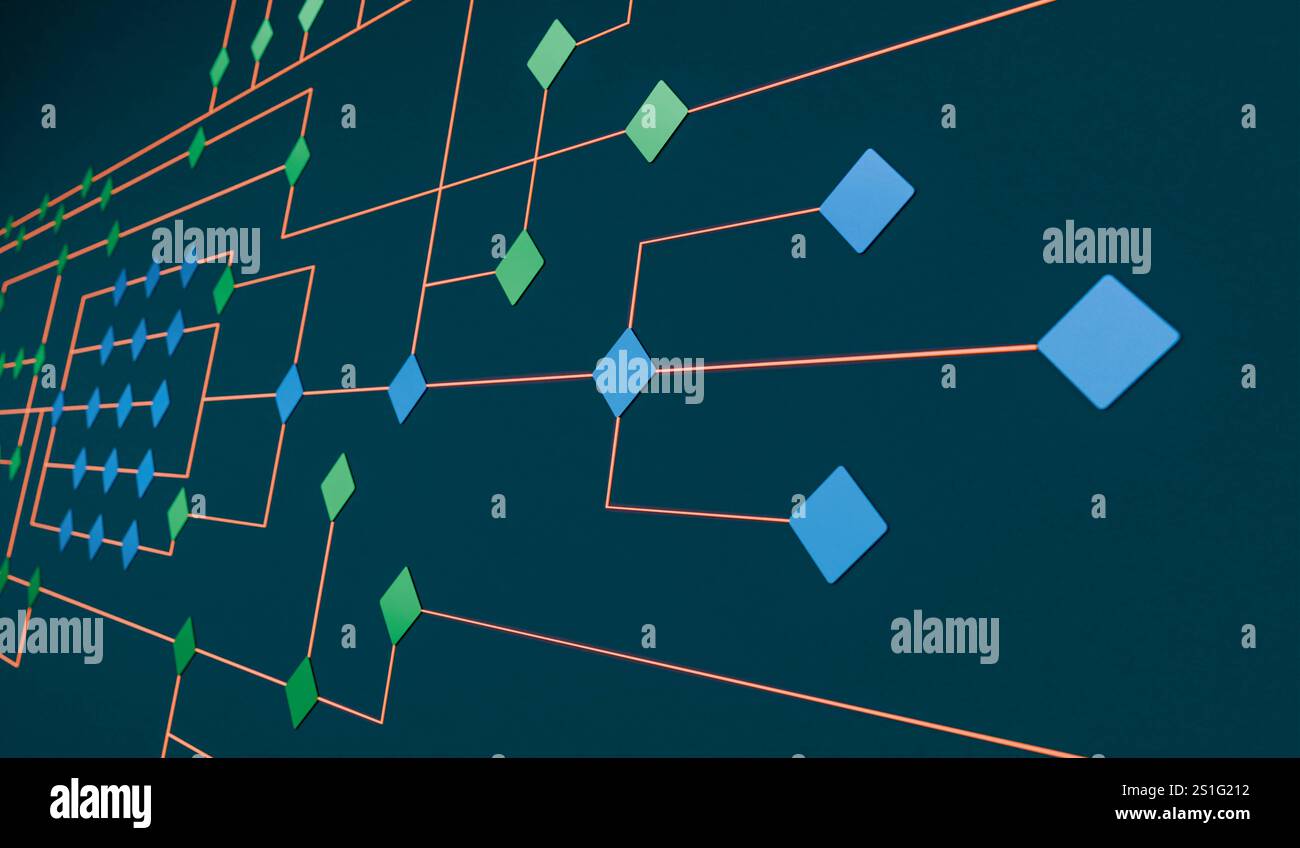 Albero dei nodi, concetto, decisione, connessione. Albero dei nodi, concetto, processo industriale, decisione, connessione. Simboli verdi e blu, fabbrica, Control desk, rete. img node tree007s09 concept Foto Stock