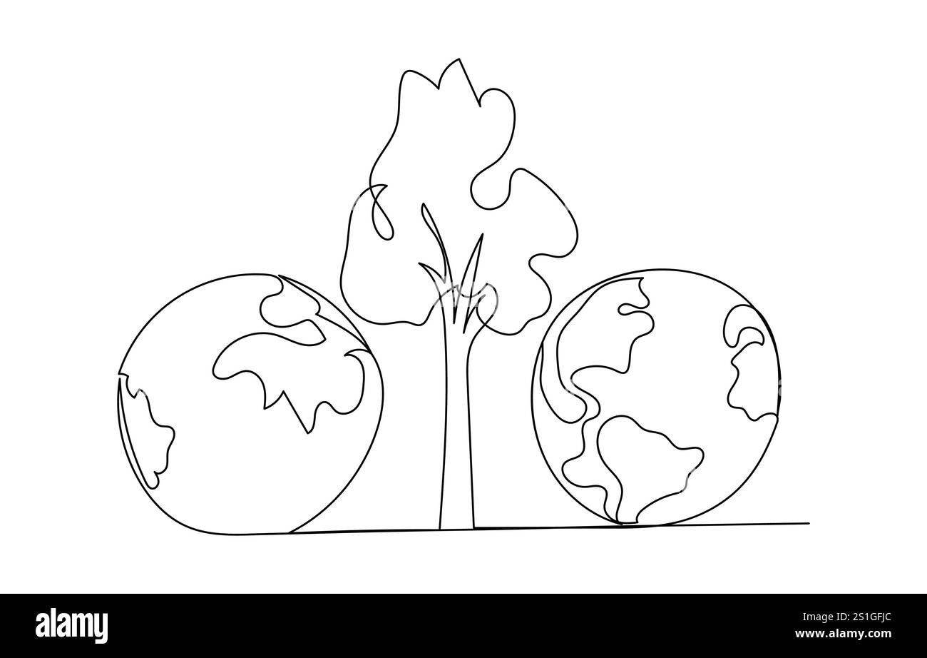 World Environment DayProtect la terra piantando un albero ambiente mondo giorno uno disegno linea Illustrazione Vettoriale
