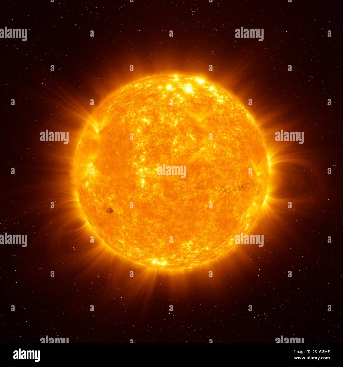 Questa è un'illustrazione 3D del Sole, che mostra la sua superficie turbolenta e l'atmosfera osservata alle lunghezze d'onda ultraviolette. I pennacchi di plasma più freddi e densi (come filamenti e prominenze) si verificano sopra la superficie visibile del Sole e si osservano nella cromosfera superiore e nella regione di transizione inferiore. Le aree luminose mostrano regioni ad alta densità del plasma. Foto Stock