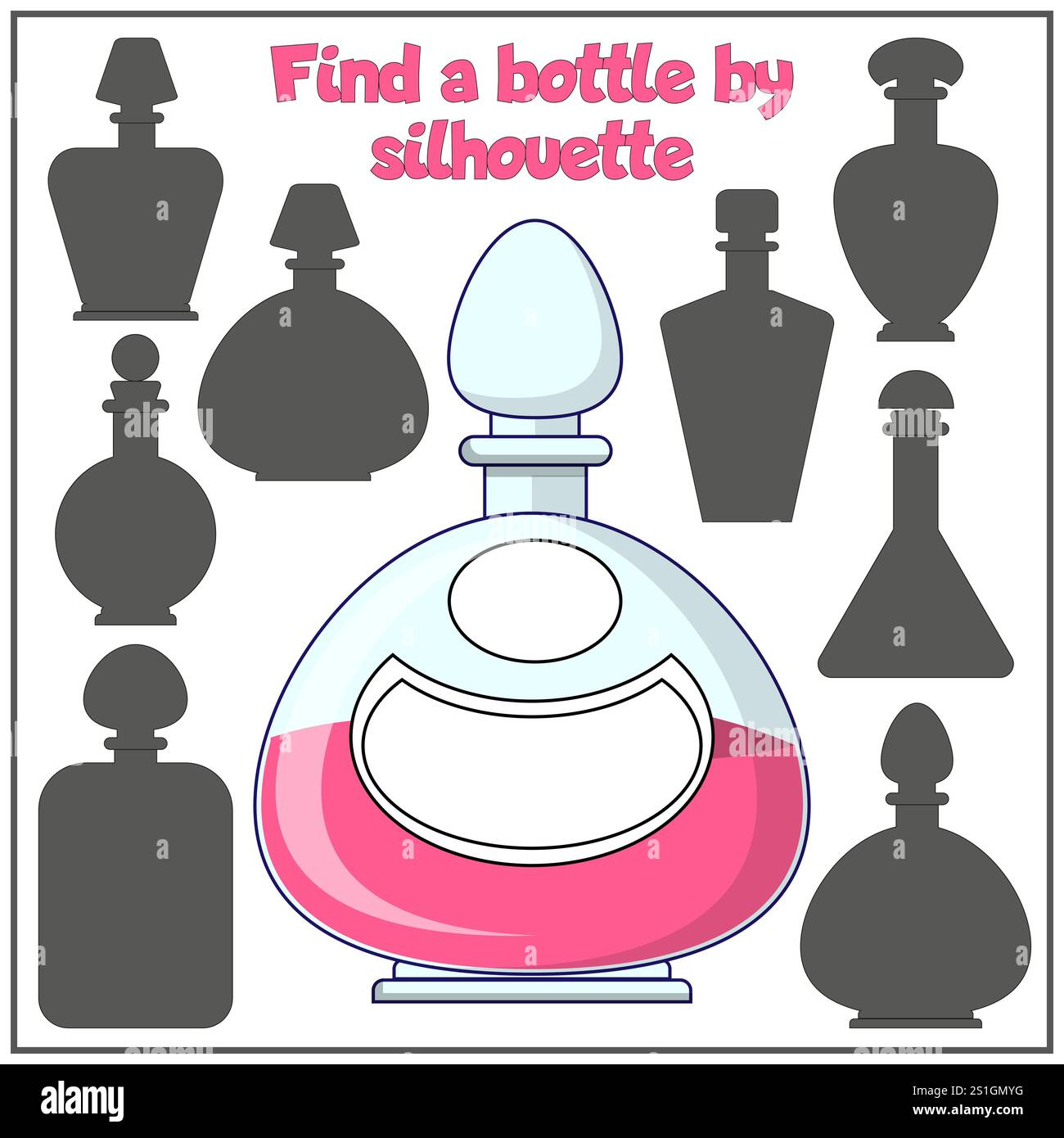 Gioco per bambini, puzzle. Trova un biberon per silhouette. Isolato su sfondo bianco. Illustrazione vettoriale. Illustrazione Vettoriale