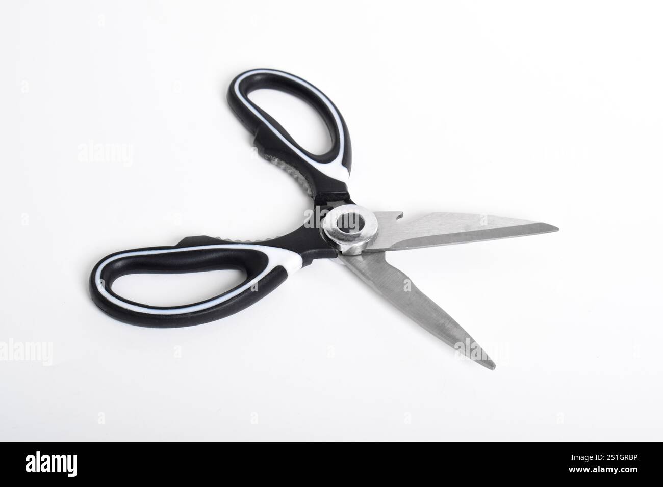 Forbici da cucina in acciaio inox isolato su sfondo bianco. Foto Stock