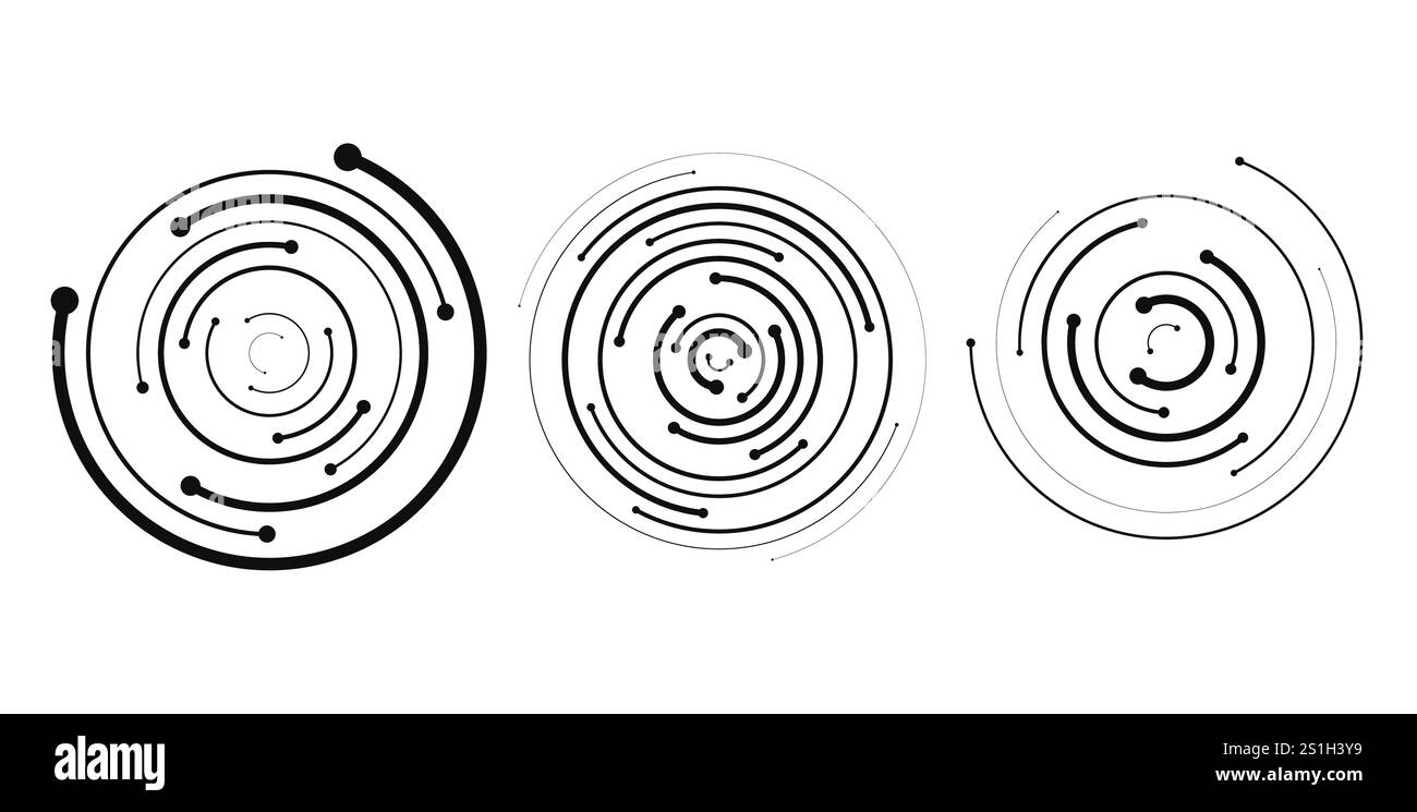 Ritmo a spirale circolare dell'onda sonora sotto forma di linee e punti. Transizione lineare a spirale dinamica. Illustrazione Vettoriale
