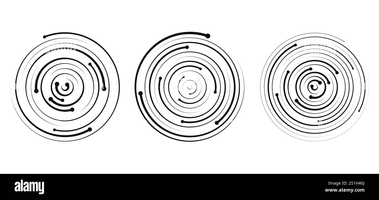 Ritmo a spirale circolare dell'onda sonora sotto forma di linee e punti. Transizione lineare a spirale dinamica. Illustrazione Vettoriale