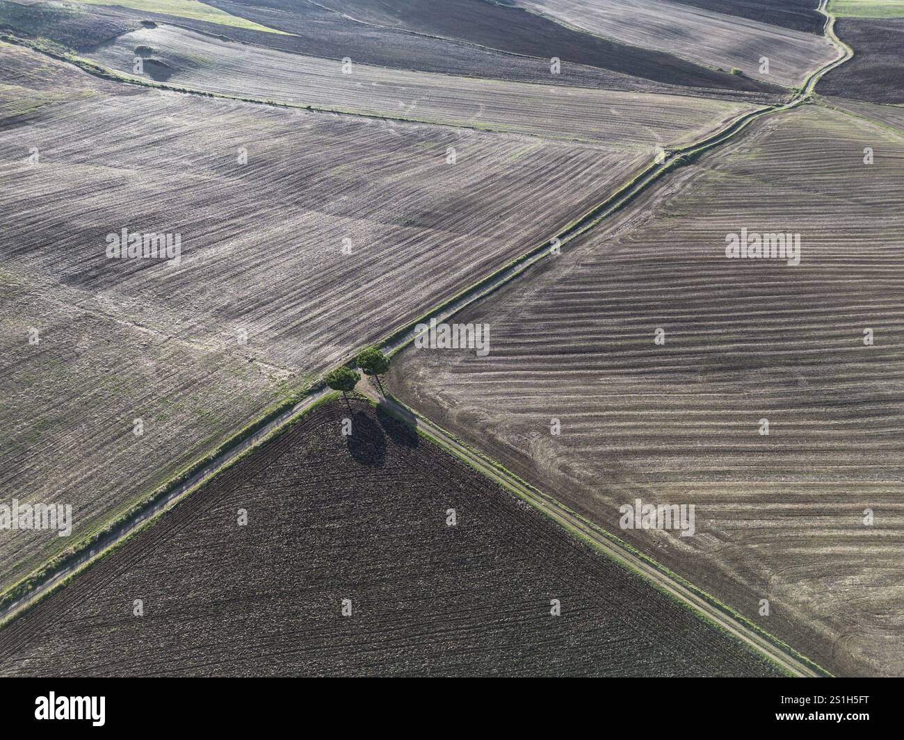Vista dall'alto dei terreni agricoli in una zona rurale della provincia di Viterbo, Italia centrale Foto Stock