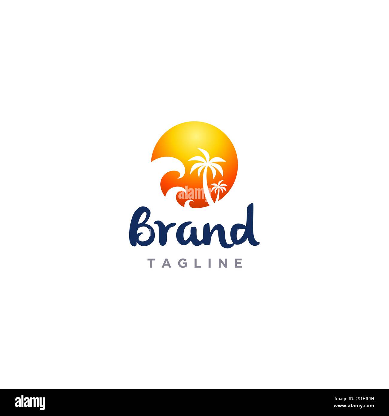 Scenografia da spiaggia Inside Circle Logo Design. Onde e palme da cocco in stile Round Logo. Illustrazione Vettoriale