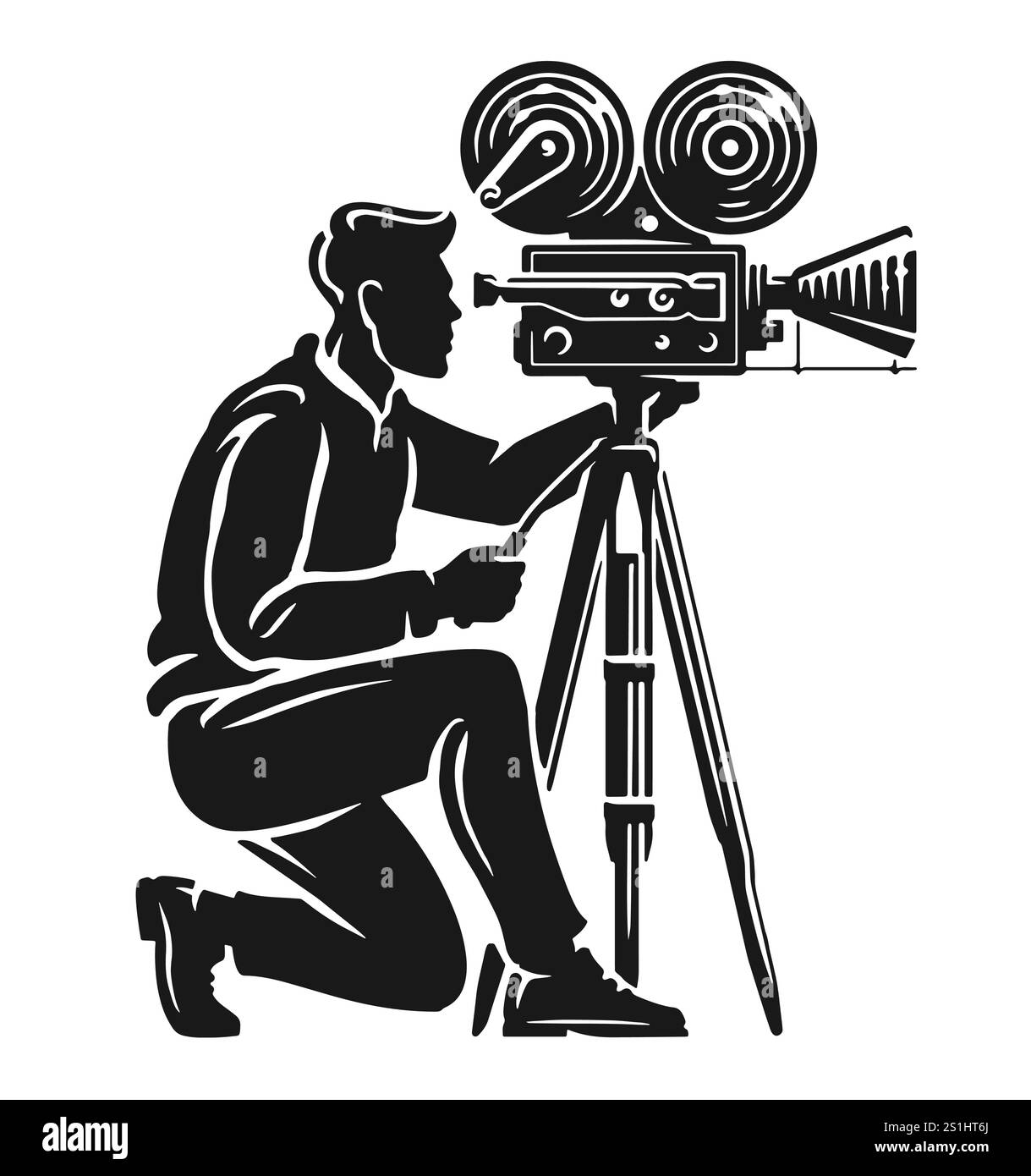 Operatore video con videocamera. Cinema, riprese cinematografiche. Illustrazione vettoriale nera su sfondo bianco Illustrazione Vettoriale
