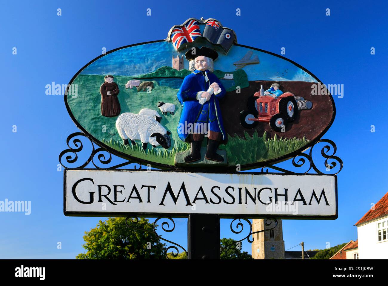 Insegna del villaggio di Great Massingham, North Norfolk, Inghilterra, Regno Unito Foto Stock