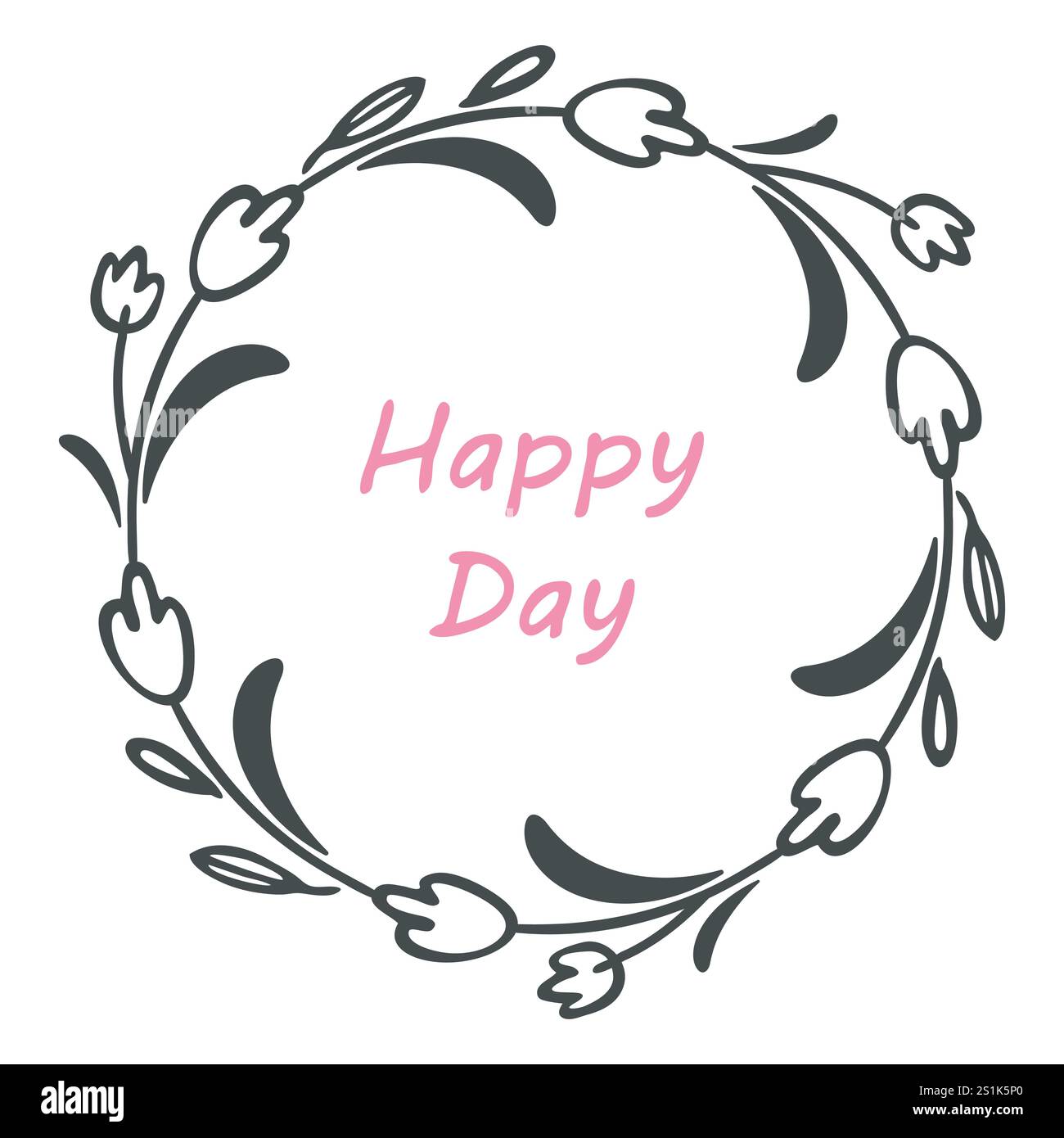 Cornice in tulipani circolare, graziosa corona floreale, bordo in stile Doodle art. Tratto pennello disegnato a mano, un fiore di una linea lascia un elemento grafico Illustrazione Vettoriale