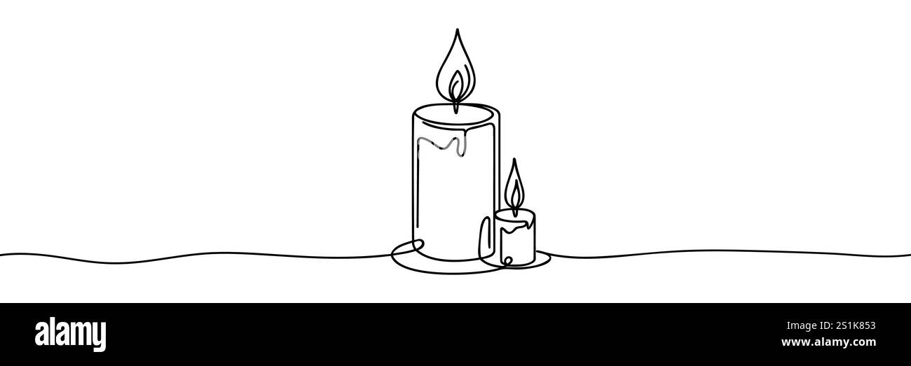 Un disegno a linea continua di cera o candela di paraffina. Decorazioni per la casa natalizia e concetto di aromaterapia in semplice stile lineare. Doodle Vector illust Illustrazione Vettoriale